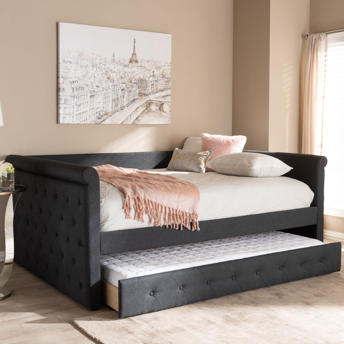 Alena Modern and Contemporary Dark Grey Fabric Upholstered Full Size Daybed with Trundle