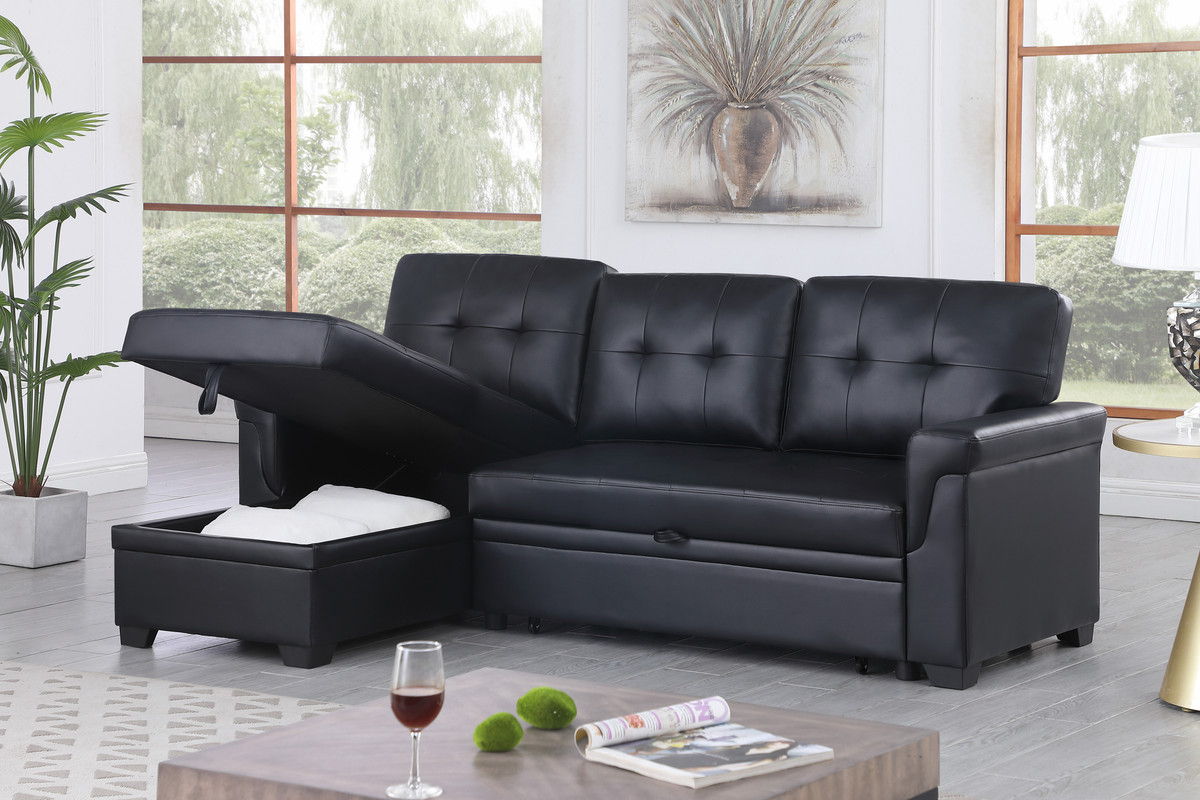 Lucca 84"W Black Vegan Leather Modern Reversible Sleeper Sectional Sofa with Storage Chaise