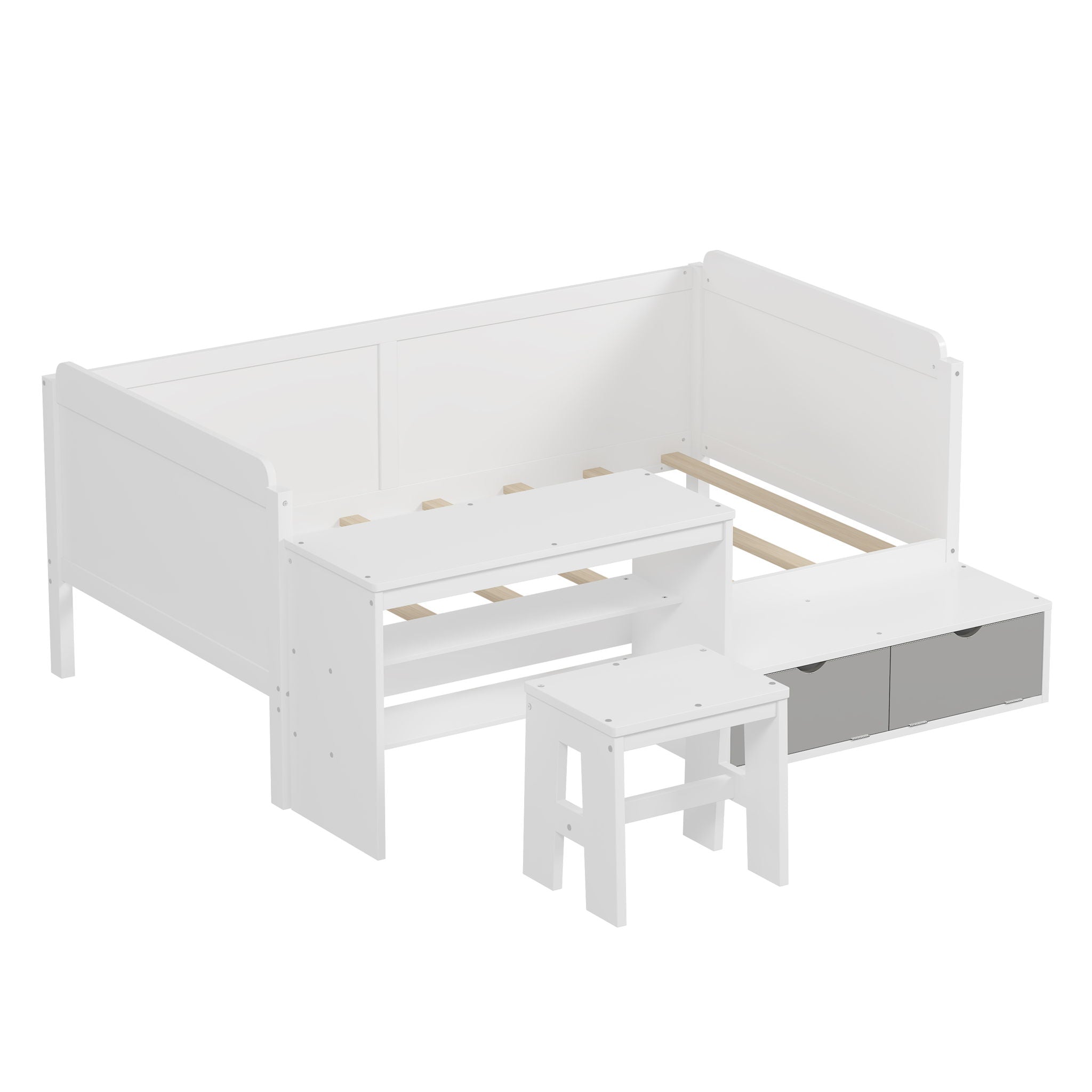 Daybed With Storage Shelves And Lockers, Multi Functional Bed With Study Desk And Matching Stool