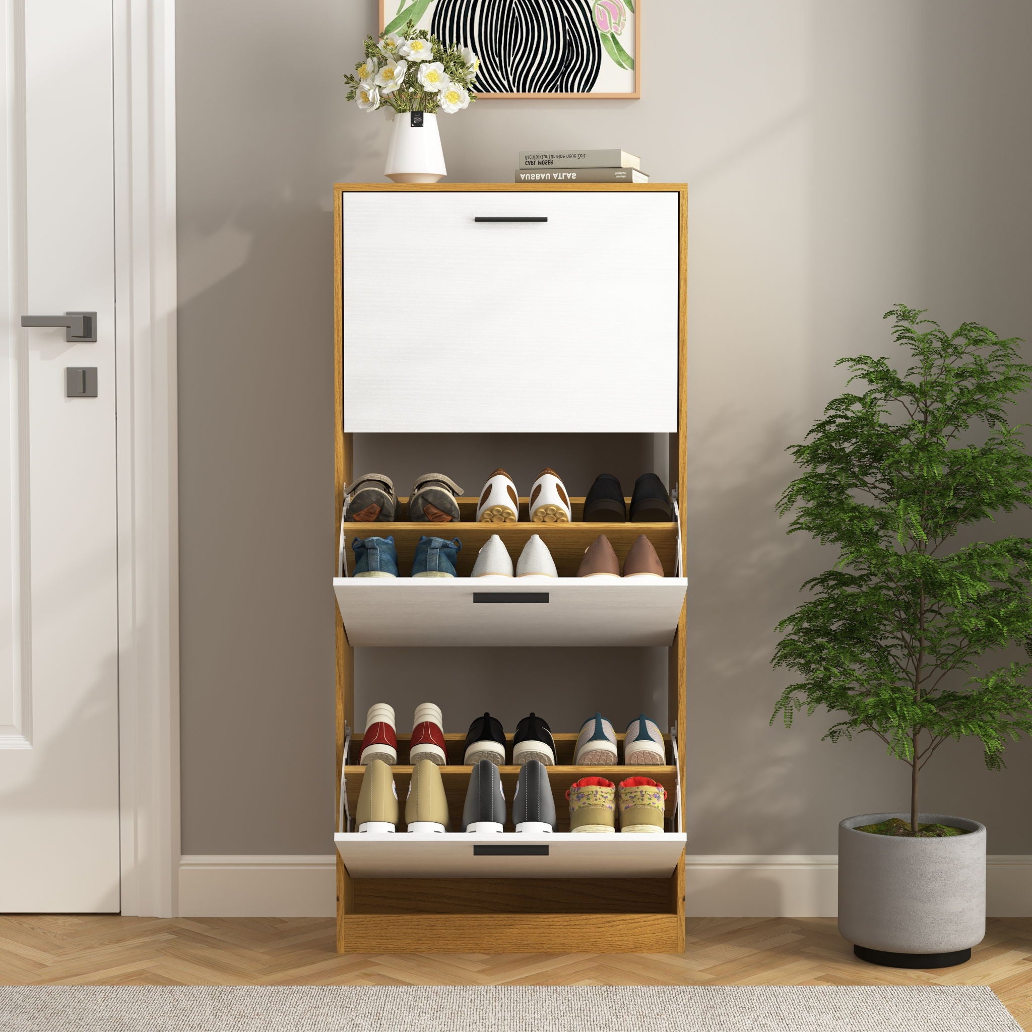 Modern Freestanding Shoe Storage Cabinet With 3 Flip Drawers