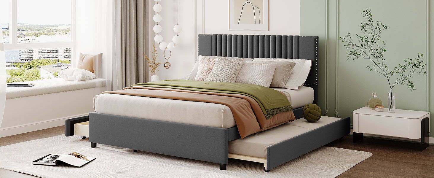 Upholstered Platform Bed With Drawers, Classic Headboard Design