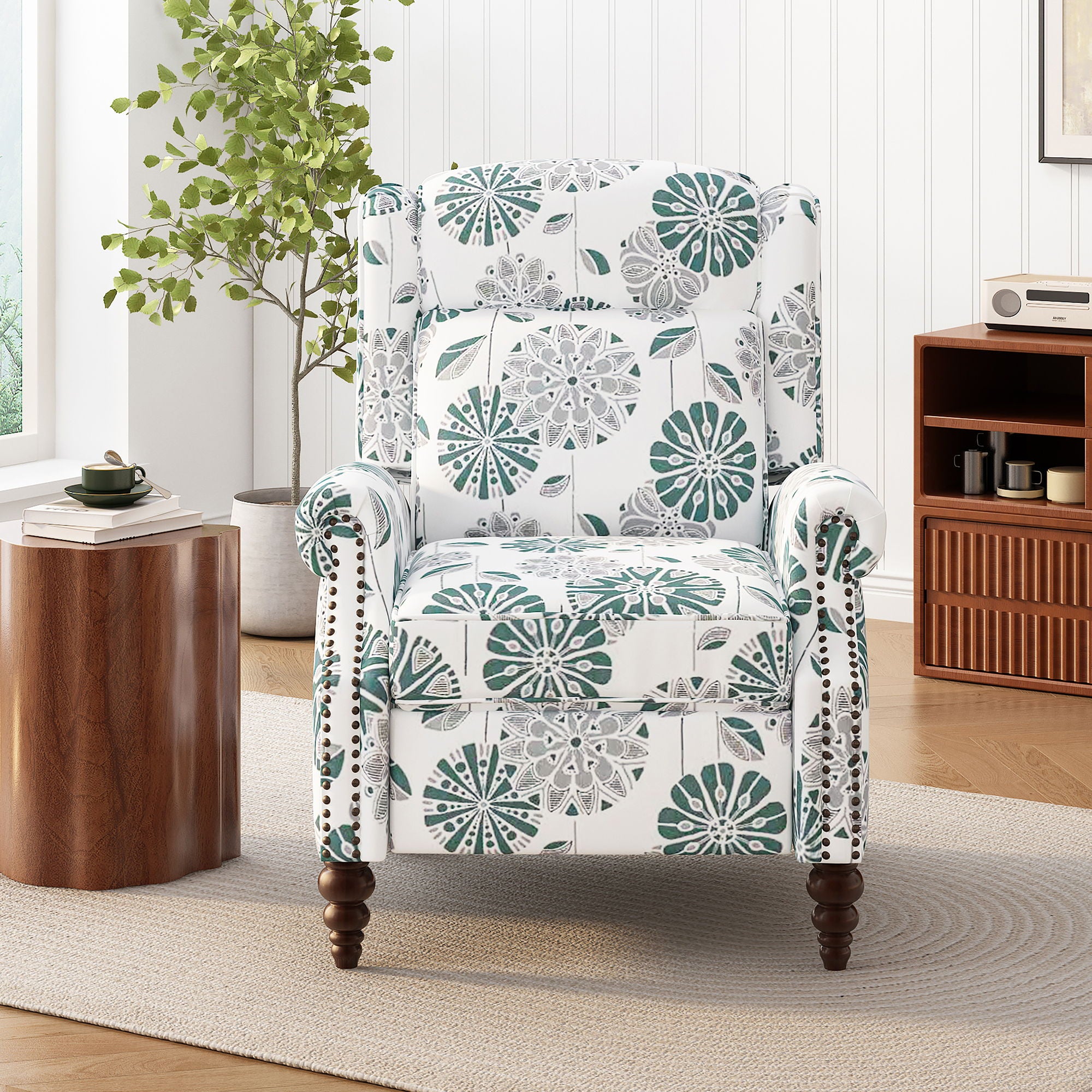 Push Back Recliner Chair Upholstered Recliner Armchair With Classic Wing Back And Solid Gourd-Shaped Legs