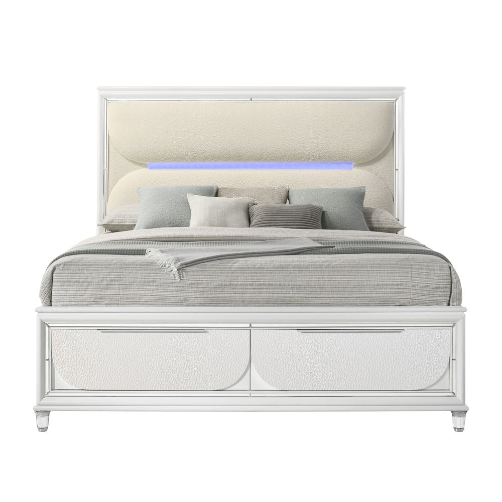 ACME Box Spring NOT Required (13 Slats), Padded Headboad, LED Included(Headboard & Mirror), Storage Footboard, Acrylic KD Legs, Drawer: Dovetail, 2/3 Extension Glide, Mirror Trim | Meri Furniture