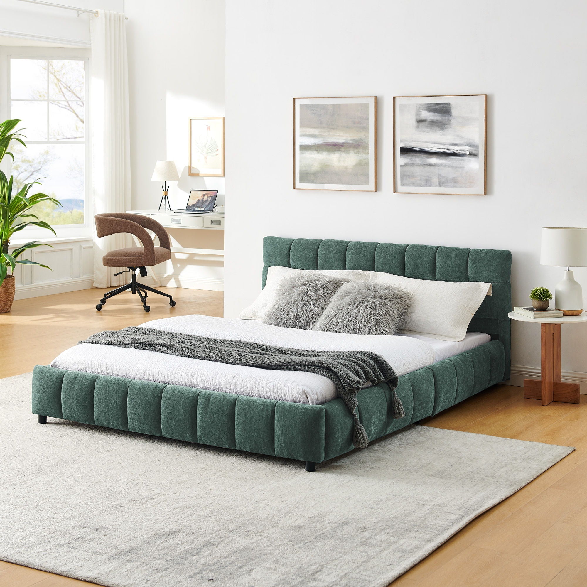 Modern Platform Bed Frame With Thick Chenille Fabric