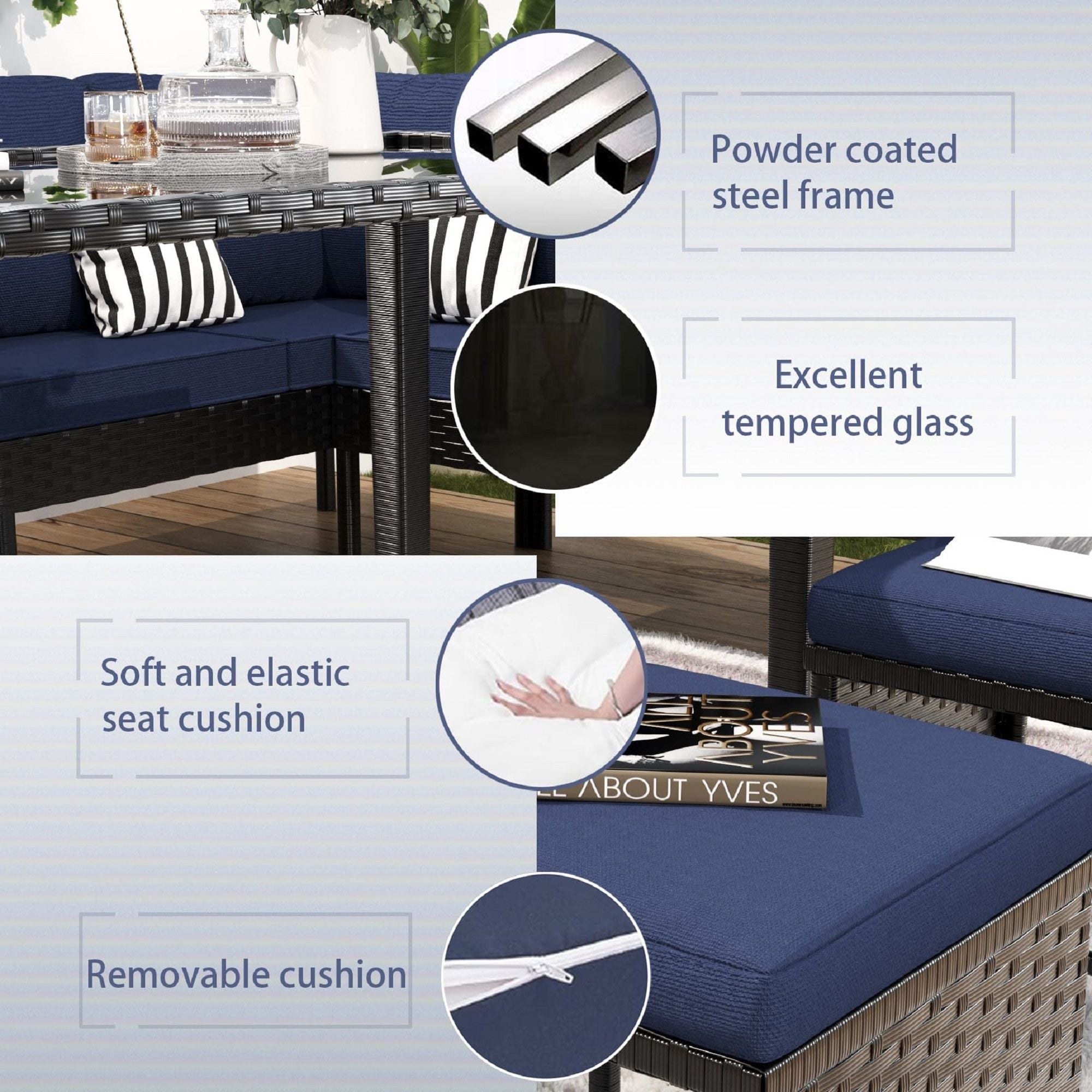 7 Piece Outdoor Furniture Set With Waterproof Cushions, Glass Table, And Space Saving Design - Blue