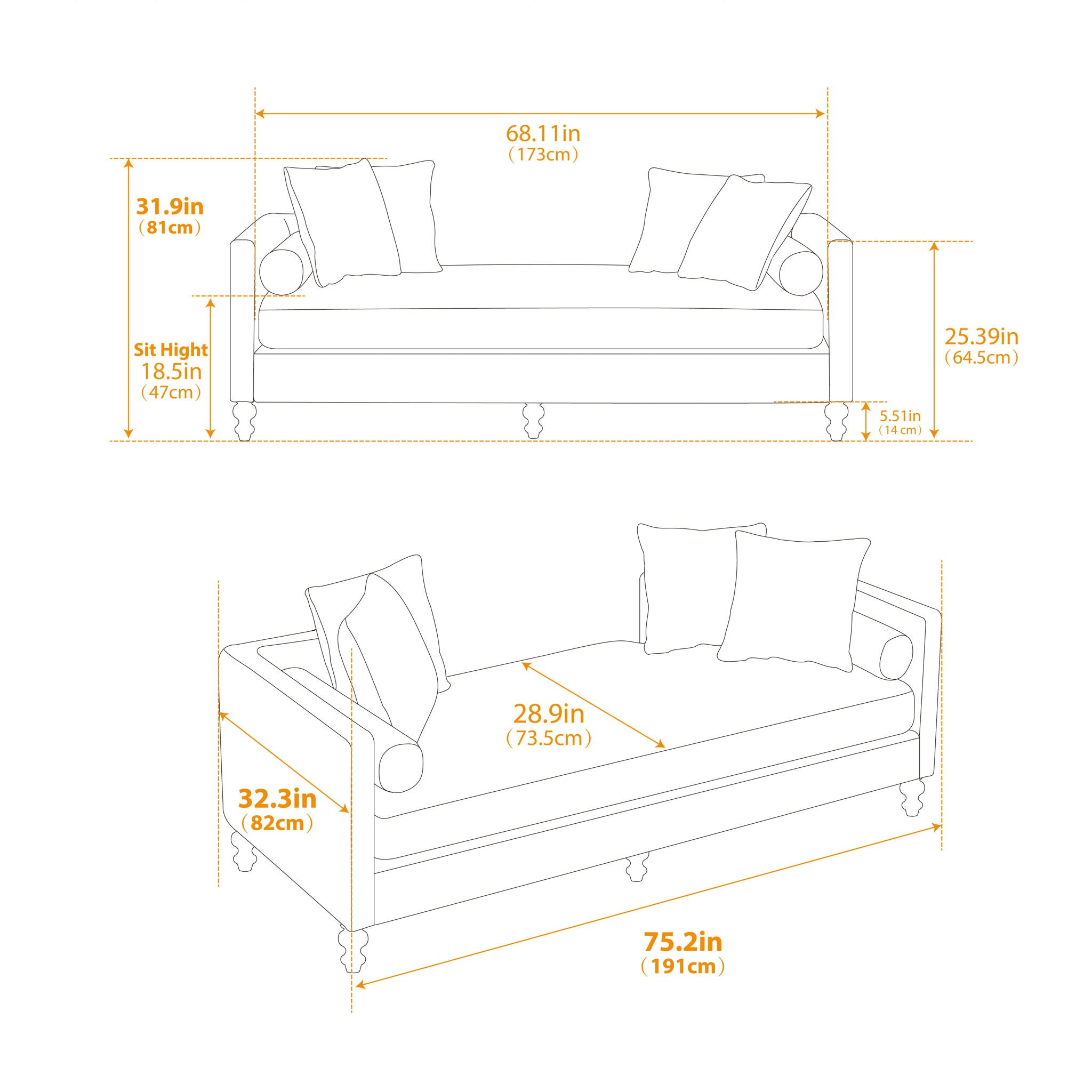 Upholstered Chaise Lounge Indoor With Nailheads, Sleeper Sofa Couch With 4 Throw Pillows & 2 Bolsters, Daybed With Rubberwood Legs