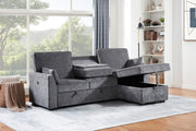 Emmy 89"W Dark Gray Fabric Sleeper Sectional Sofa with Reversible Storage Chaise, USB & USB-C Charging Ports, Cupholders, Pillows