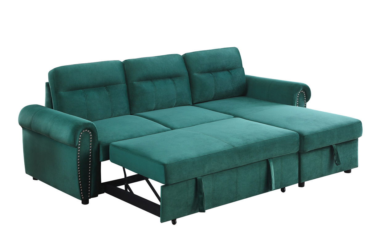 Ashton 96.5"W Green Velvet Fabric Reversible Sleeper Sectional Sofa Chaise