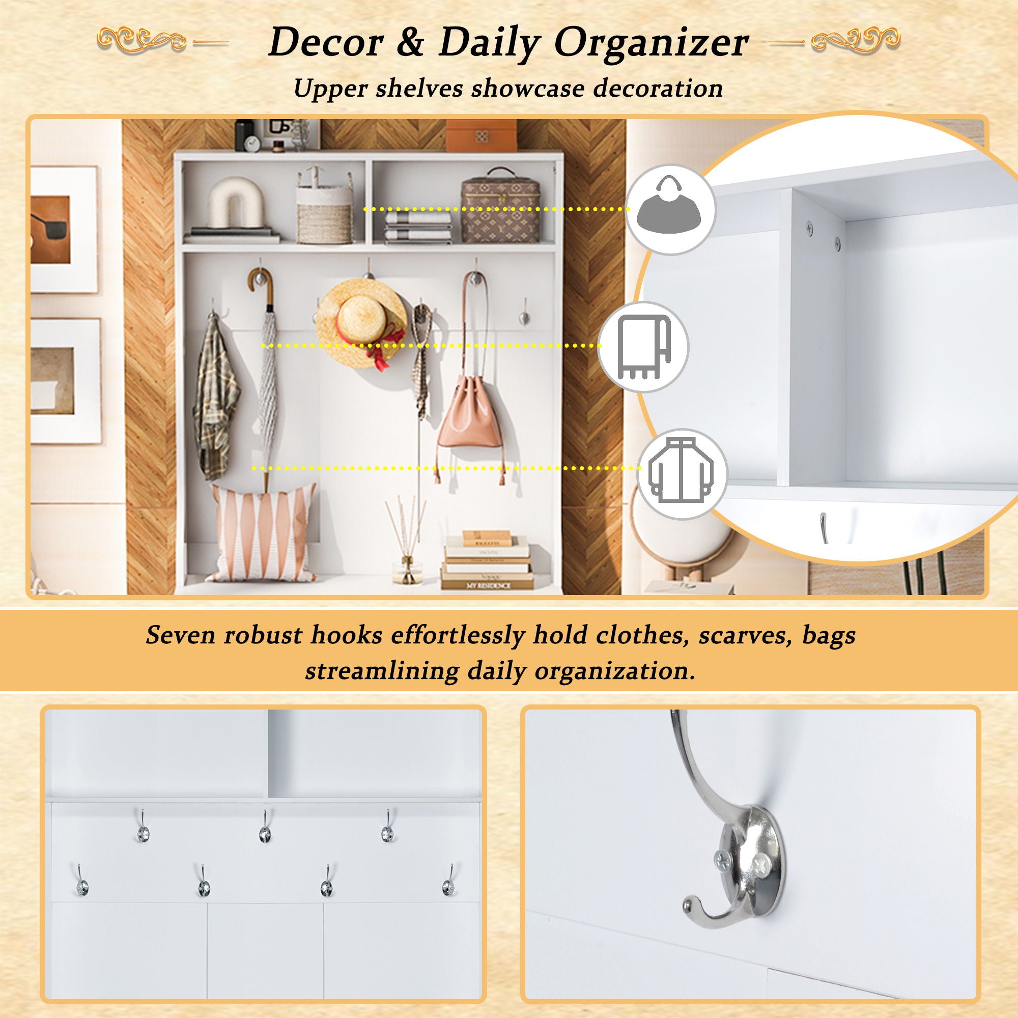 Entryway Bench With Coat Rack, 3 In 1 Design And Adjustable Shelves