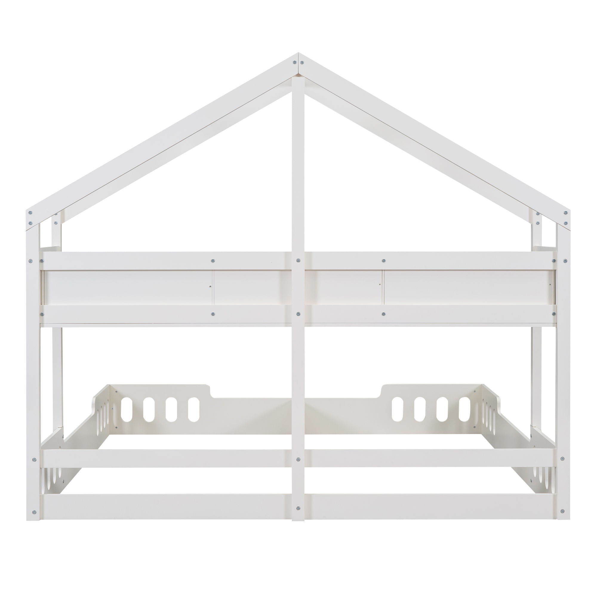 Twin Size Platform Bed With Shared Design, Guardrails, And Built In Shelves - Creamy White