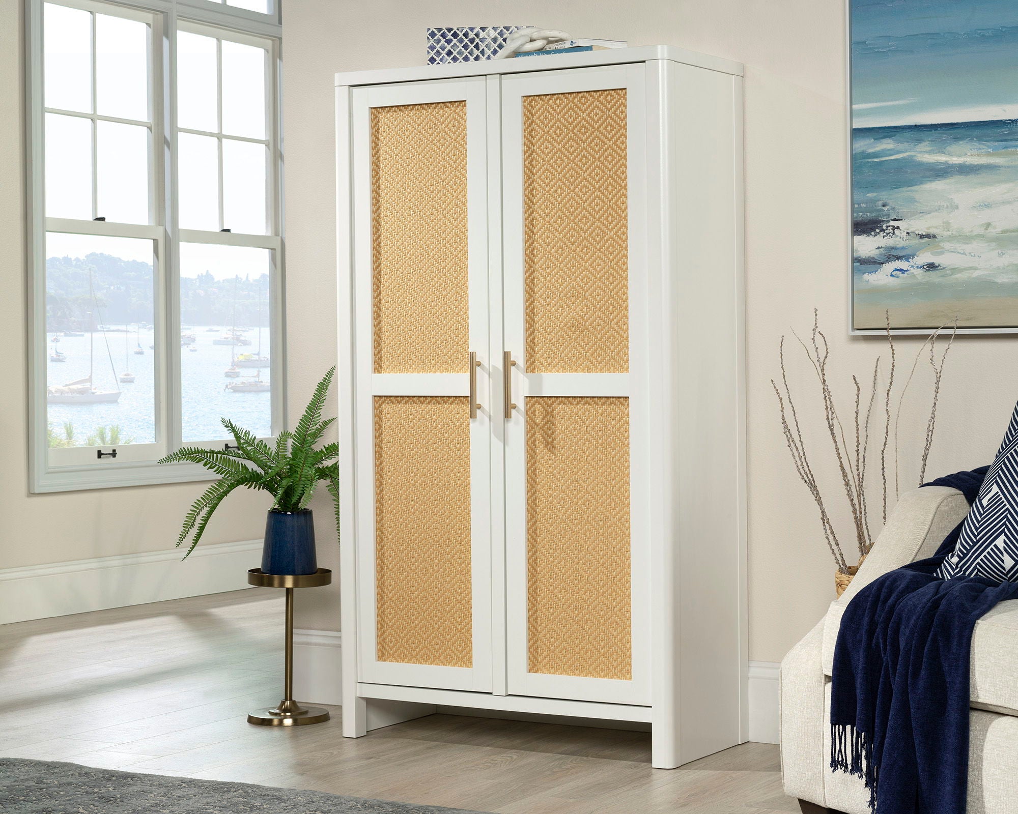 6-Shelf Storage Cabinet in White/Rattan