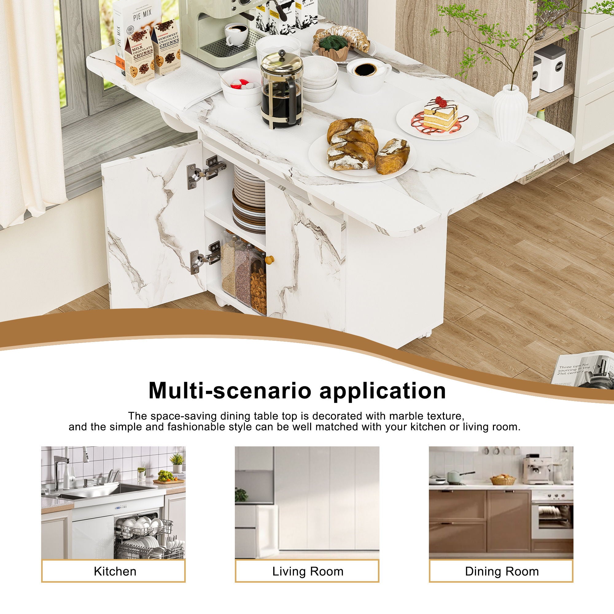 Versatile Marble Folding Dining Table With Storage Rack And Cabinet, 6 Wheels - White