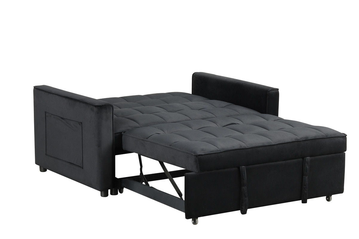 Maeve 53.5"W Black Velvet Convertible Sleeper Loveseat with Tufting and Side Pockets