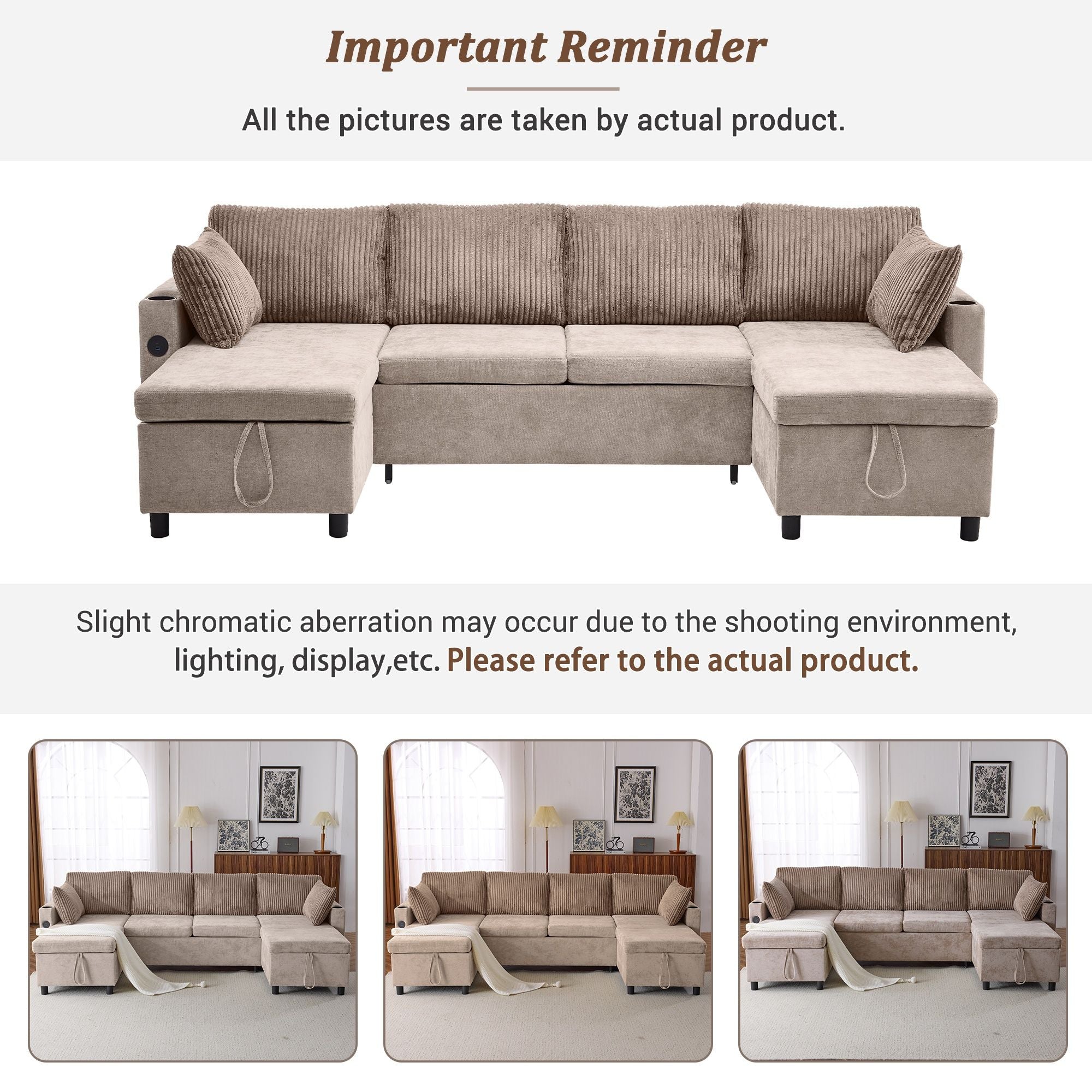 Sectional Sofa Bed With Pull Out Sleeper, USB Ports, Cup Holders