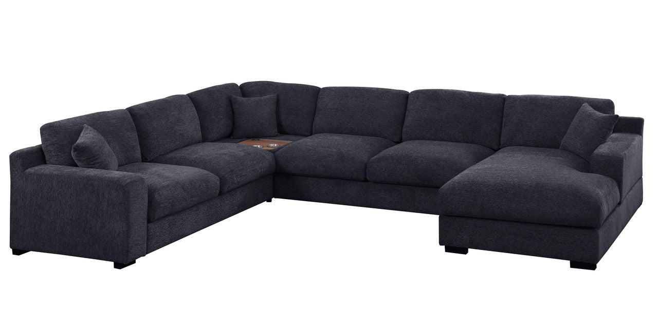 Celine 128"W Charcoal Chenille Fabric Corner Sectional Sofa with Right-Facing Chaise, Cupholders, and Charging Ports