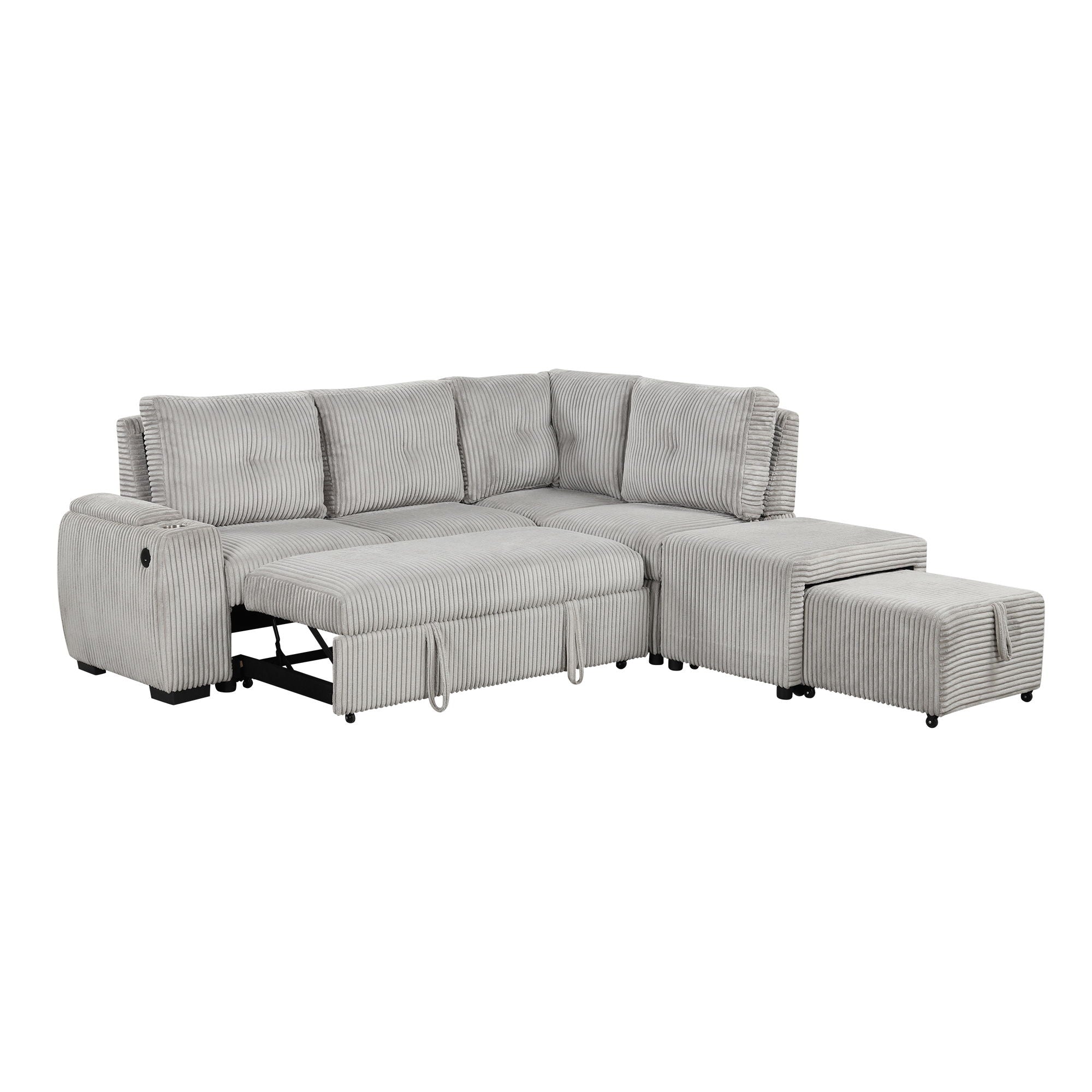 Pull-Out L-Shaped Sectional Sofa With Movable Ottoman And Stool, Large Storage Space, A Cup Holder, And 2 USB Ports For Living Room
