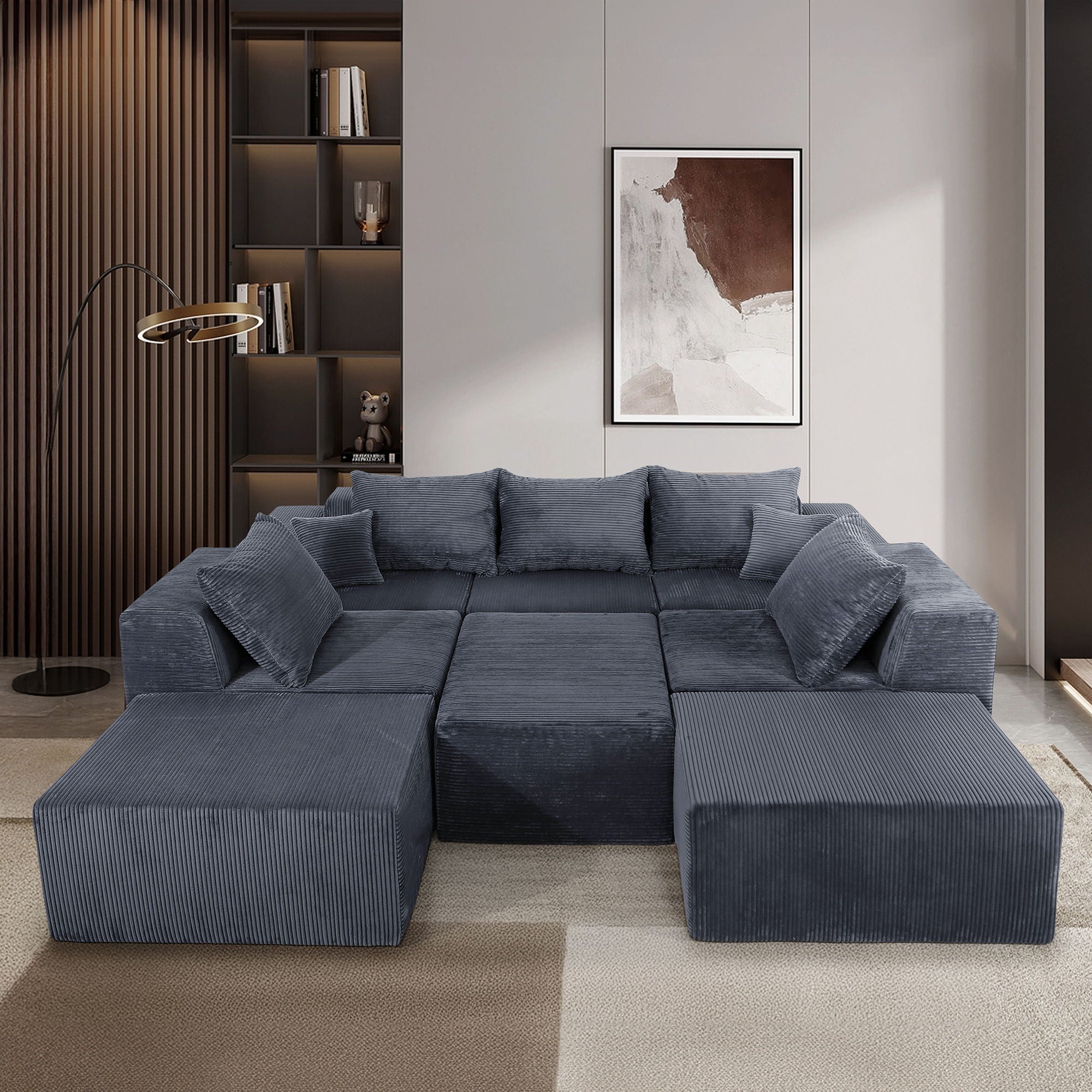 Luxury 8 Piece Modular U Shaped Sectional Sofa With Oversized Chaise Lounge And Bed Corduroy Upholstery