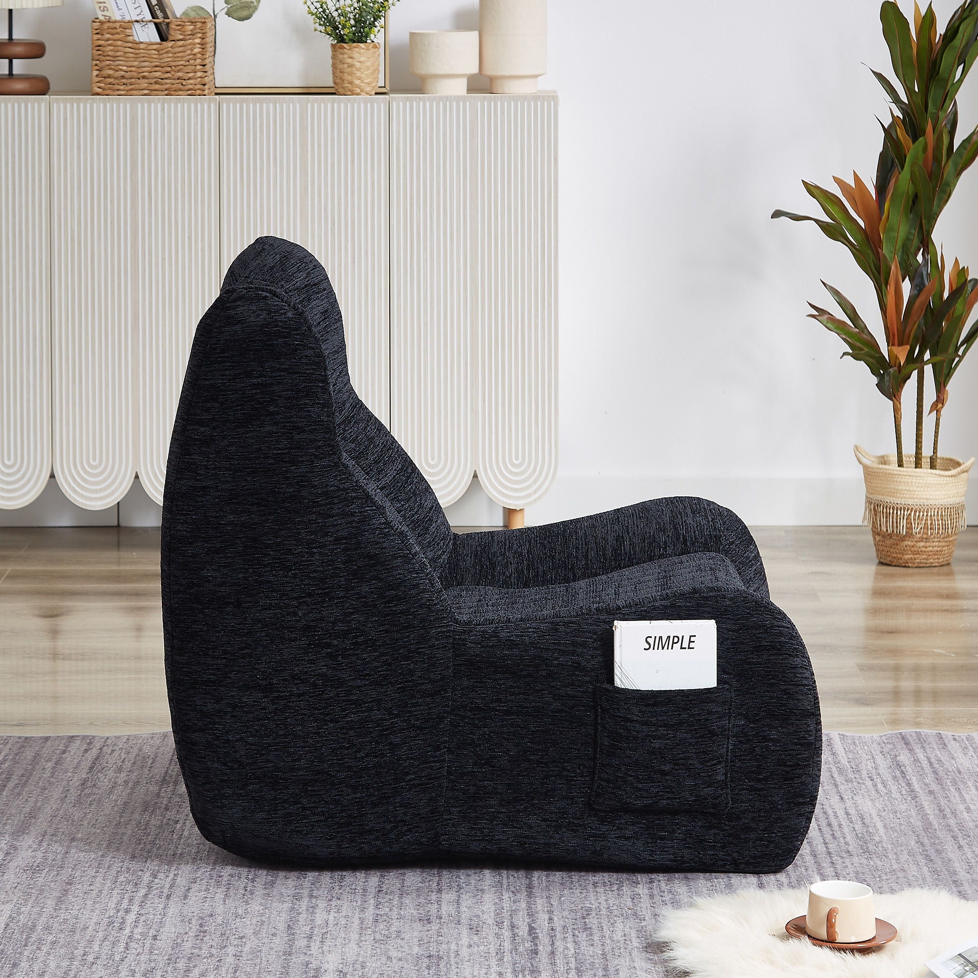 Bean Bag Chair With Armrests Oversized Comfy Beanbag Lounge Lazy Floor Sofa Accent Chair For Living Room - Black