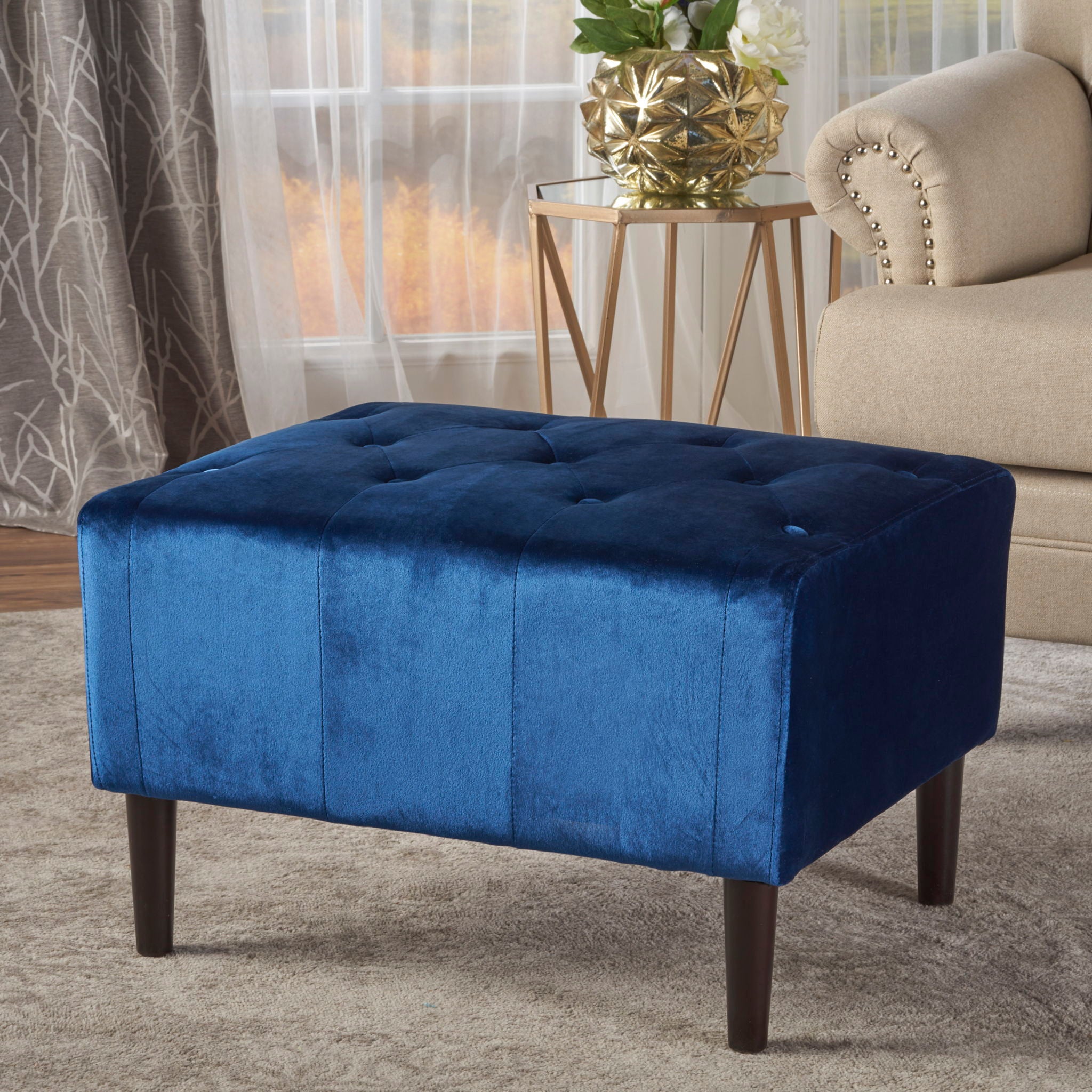 Mid Century Ottoman Velvet With Button Tufting With Birch Wood Legs - Navy Blue