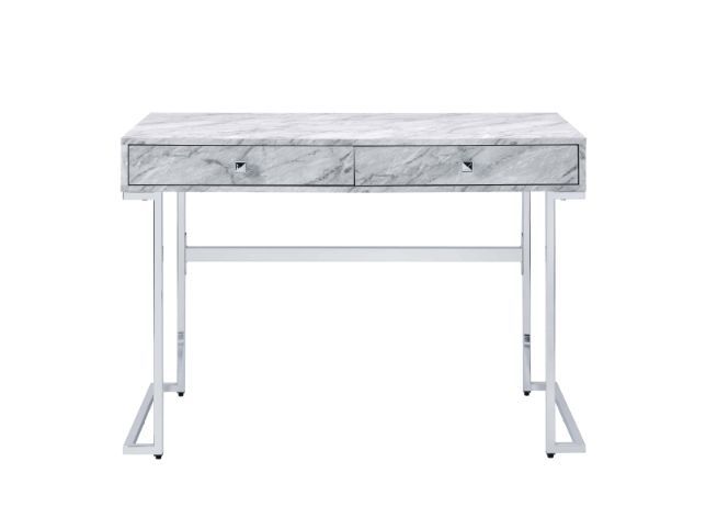 ACME Tigress - Writing Desk - White Printed Faux Marble & Chrome Finish | Meri Furniture
