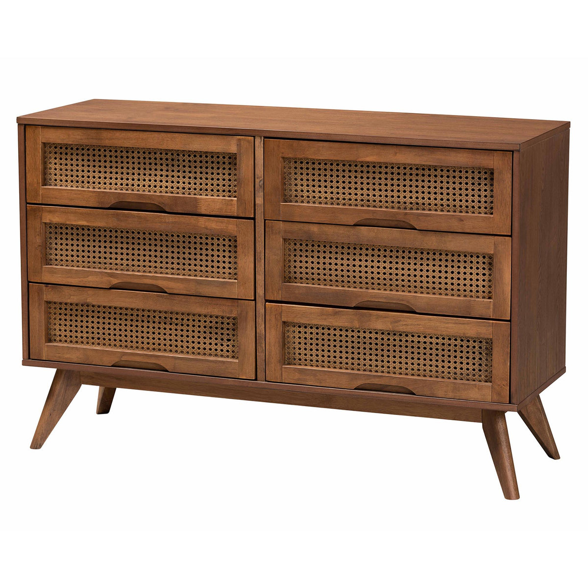 Nura Mid-Century Modern Walnut Brown Finished Wood and Rattan Full Size 4-Piece Bedroom Set