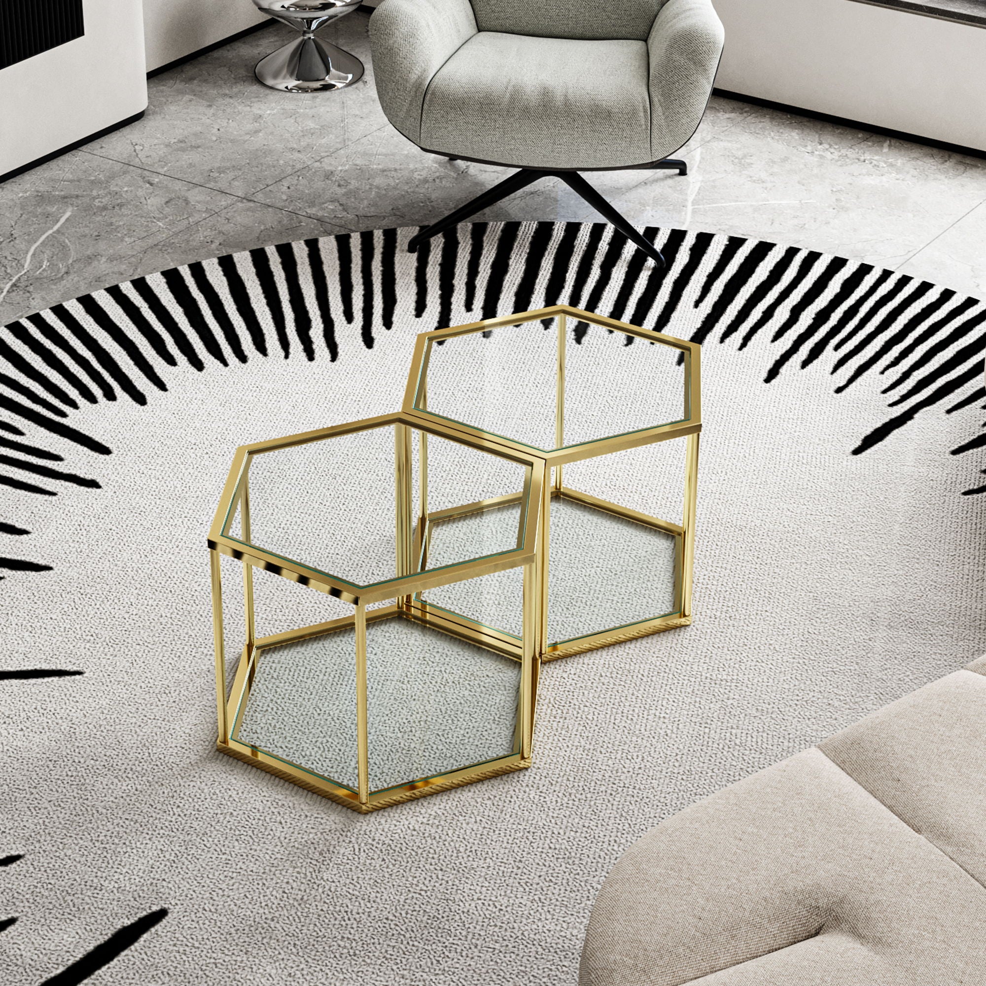 Modern Coffee Table With Double Layer Tempered Glass And Polygonal Design