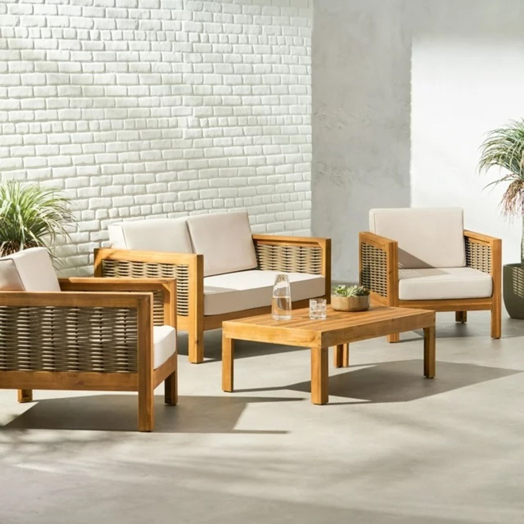 Outdoor 4 Seater Acacia Wood Chat Set With Wicker Accents And Cushions - Teak / Mixed Brown / Beige