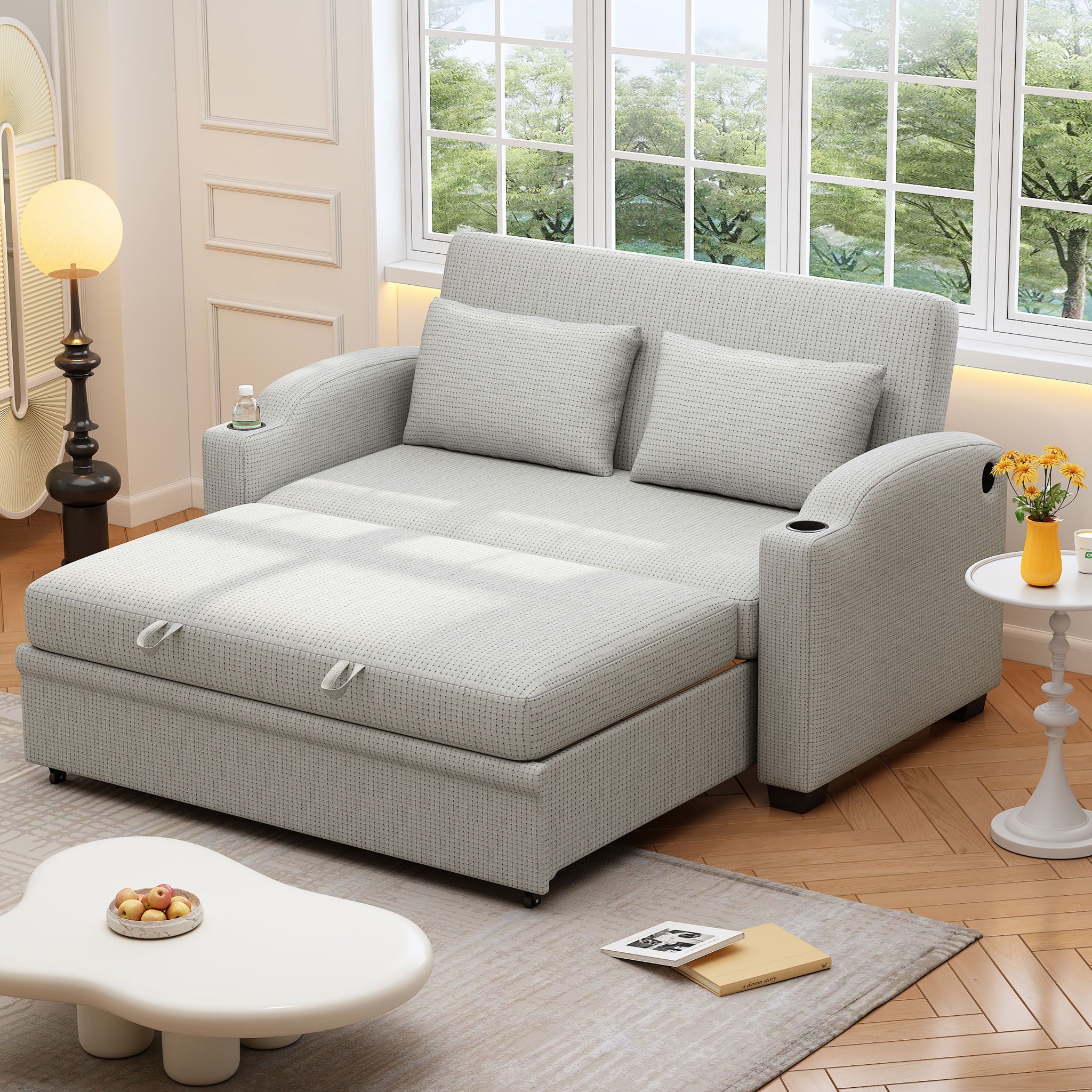 Pull Out Loveseat Sofa With Adjsutable Backrest, 2 Pillows, Cup Holders, USB Ports For Living Room