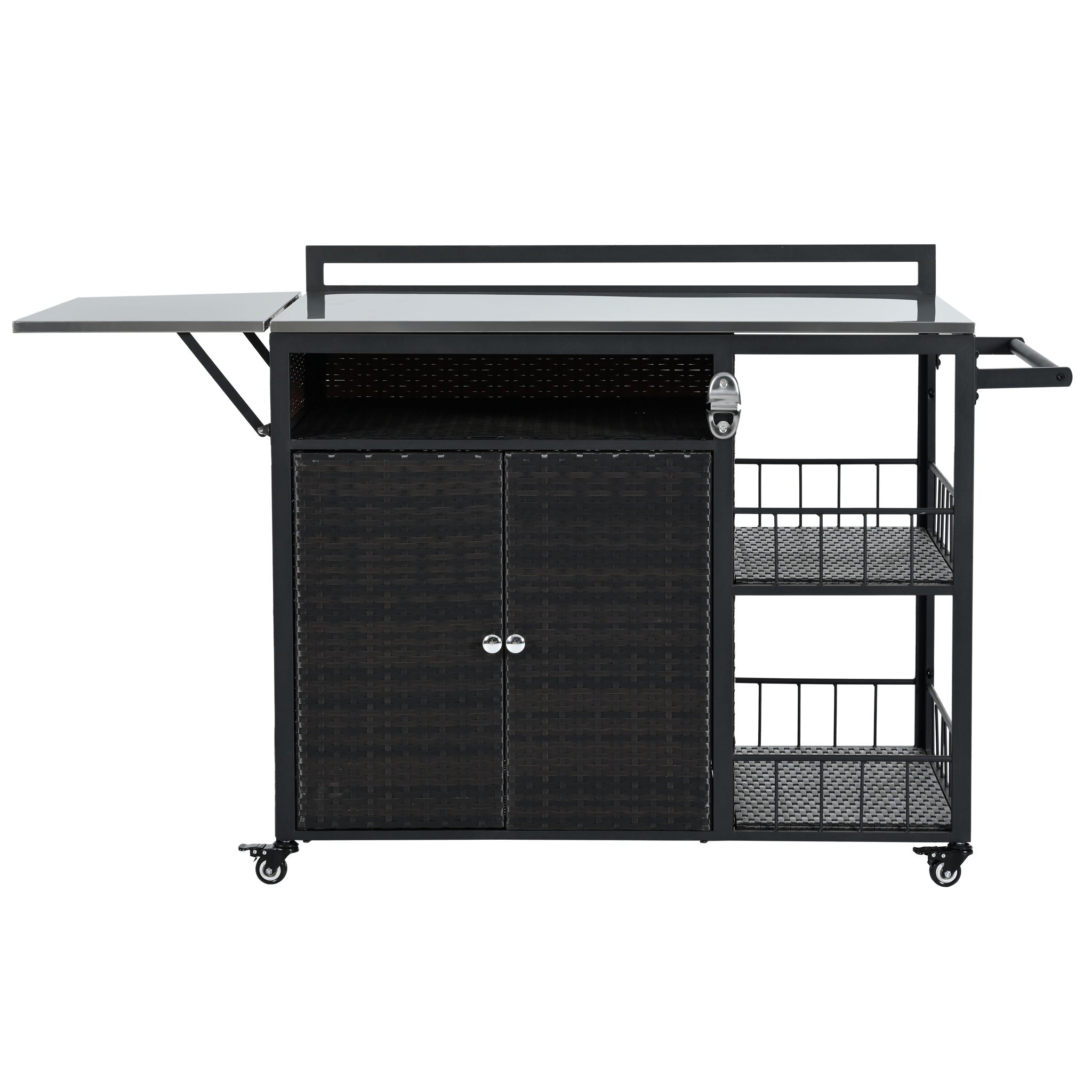 Outdoor Kitchen Island With Storage, Cooking Station, Grill Cart, Foldable Tabletop, And Bottle Opener - Dark Brown