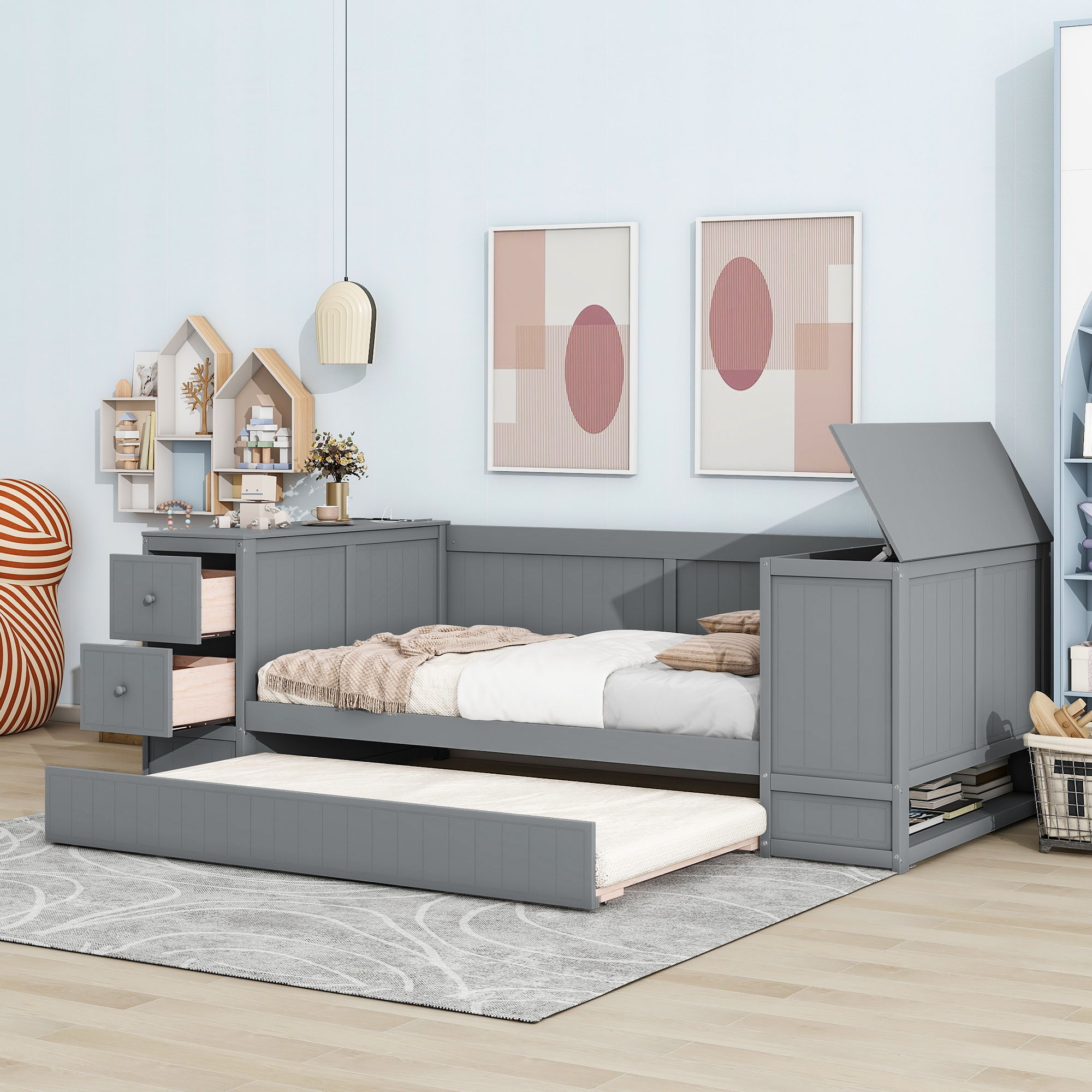 Daybed With Storage Arms, Trundle And Charging Station
