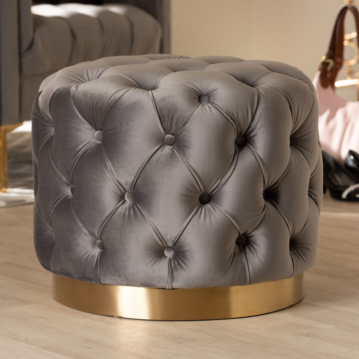 Valeria Glam Gray Velvet Fabric Upholstered Gold-Finished Button Tufted Ottoman