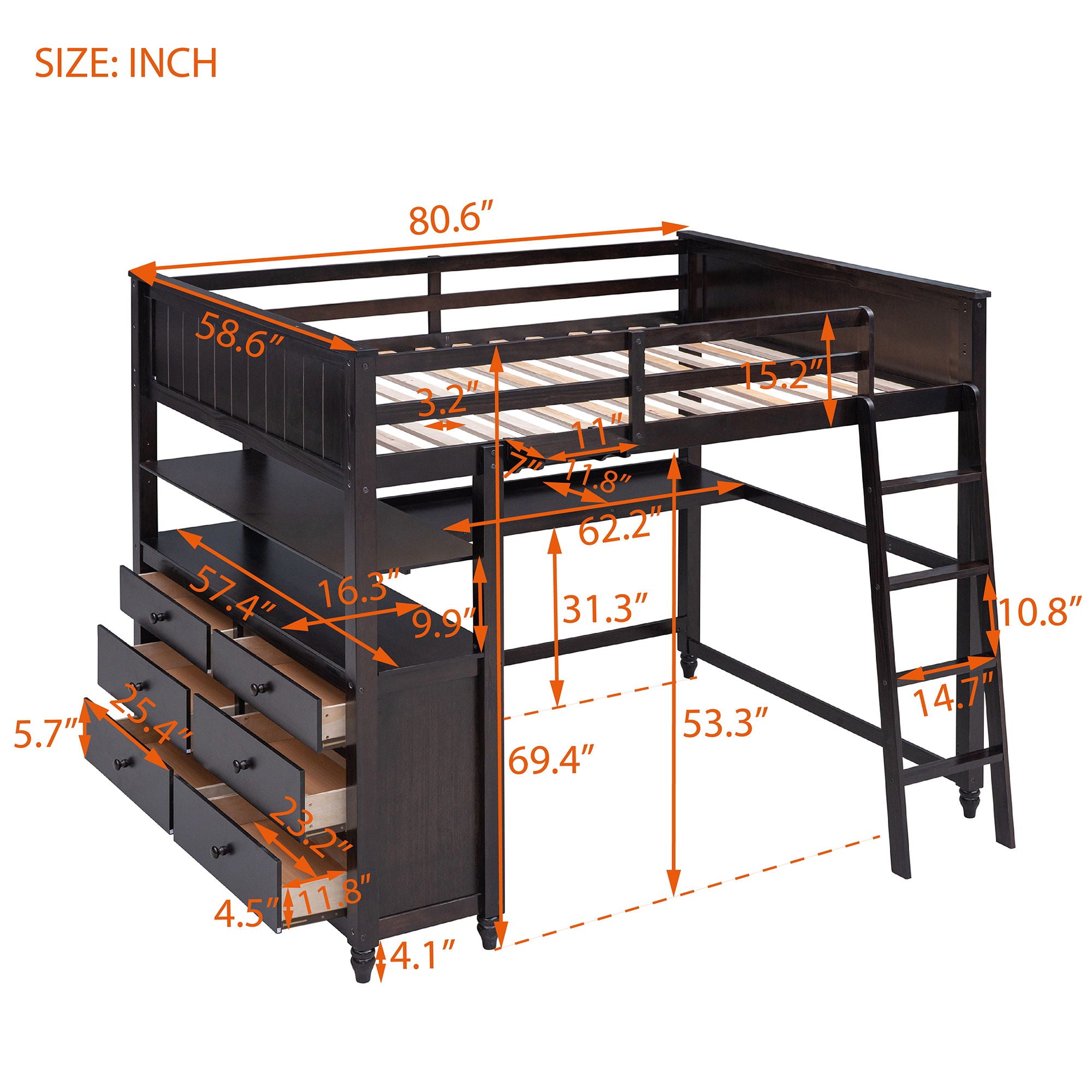 Loft Bed With Drawers With Desk And Shelves