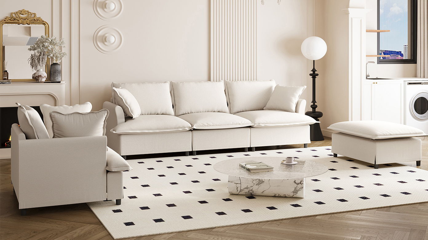 Living Room Set Modular Sectional Couch, Upholstered Sofa & Armchair & Movable Ottoman