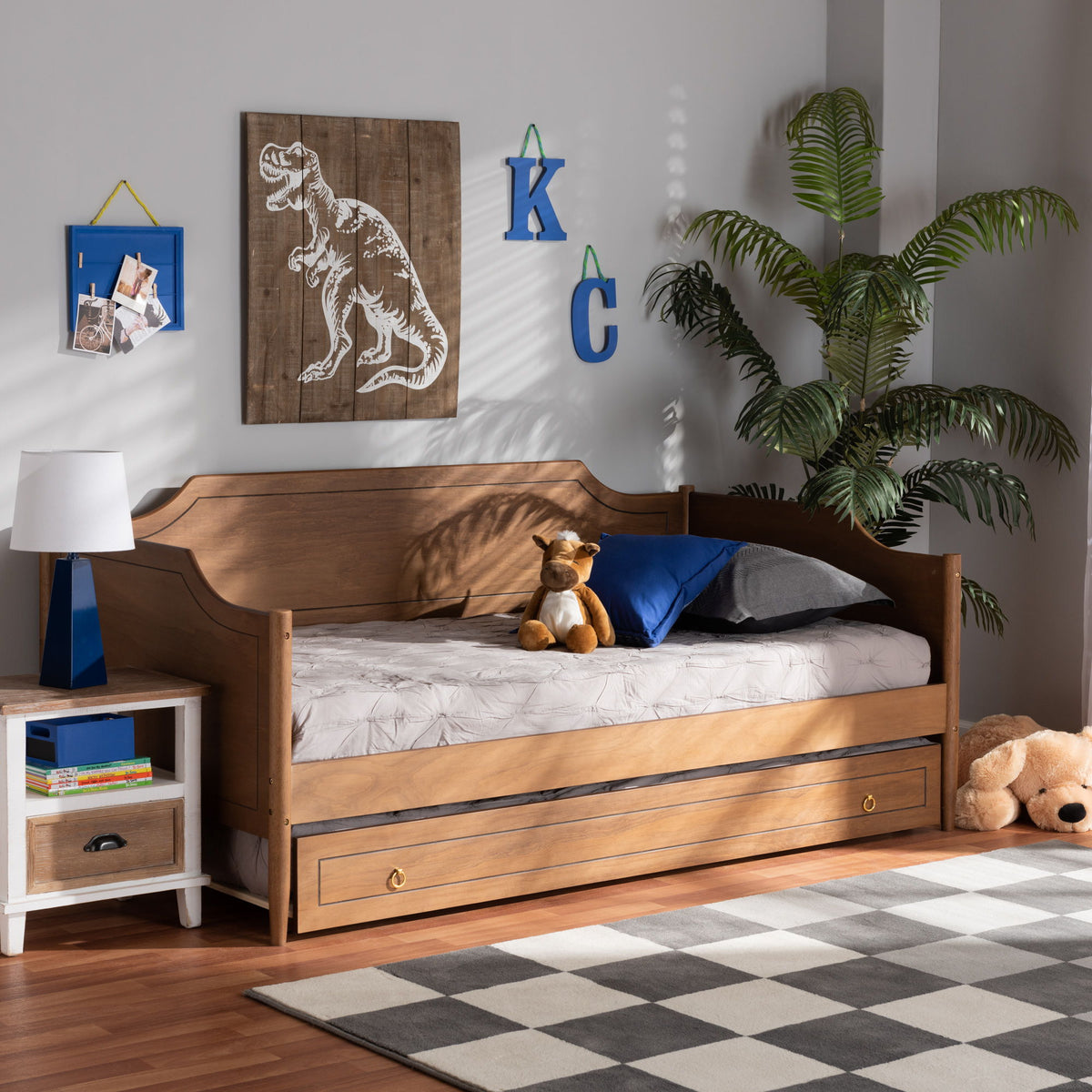 Alya Classic Traditional Farmhouse Walnut Brown Finished Wood Twin Size Daybed with Roll-Out Trundle Bed