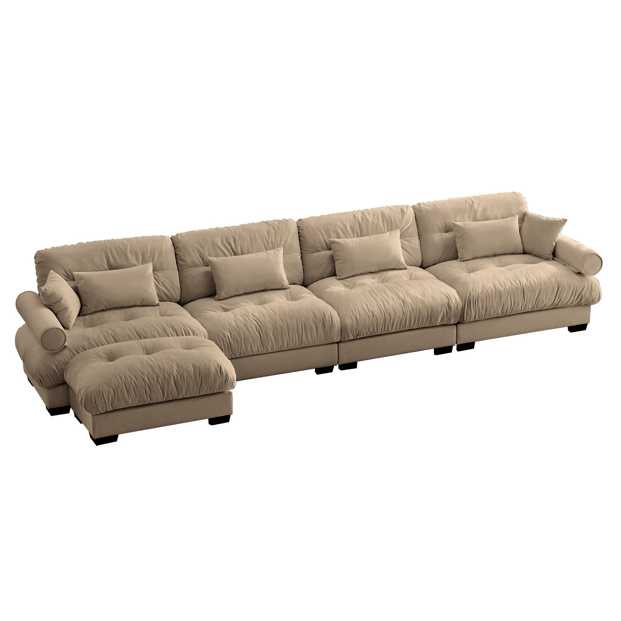 Modern Sectional Sofa With Ottoman, Round Bolster Armrests, Waist And Throw Pillows