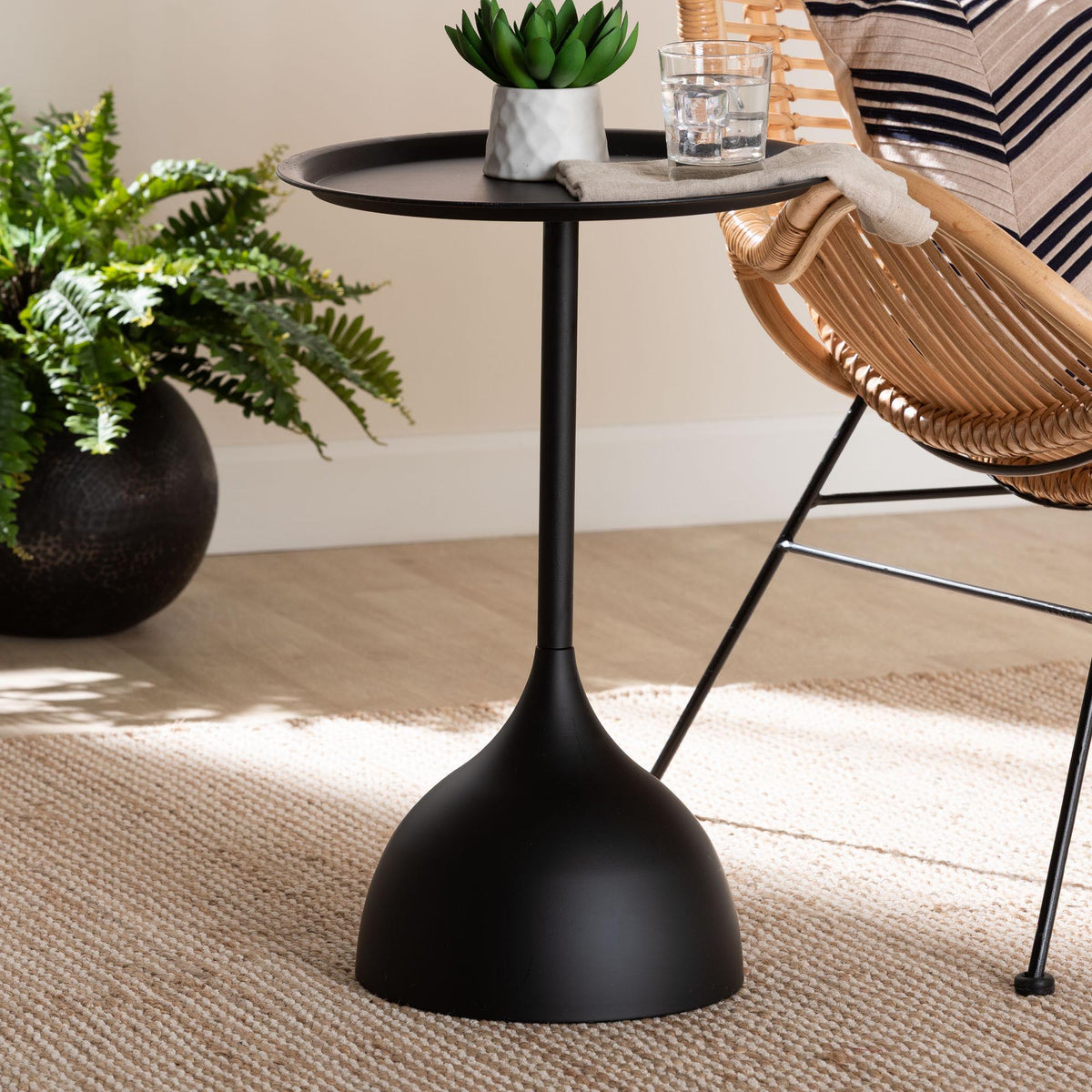 Webb Black Metal Pedestal Side Table - Modern Accent Table with Round Tray Top for Indoor or Semi-Outdoor Use