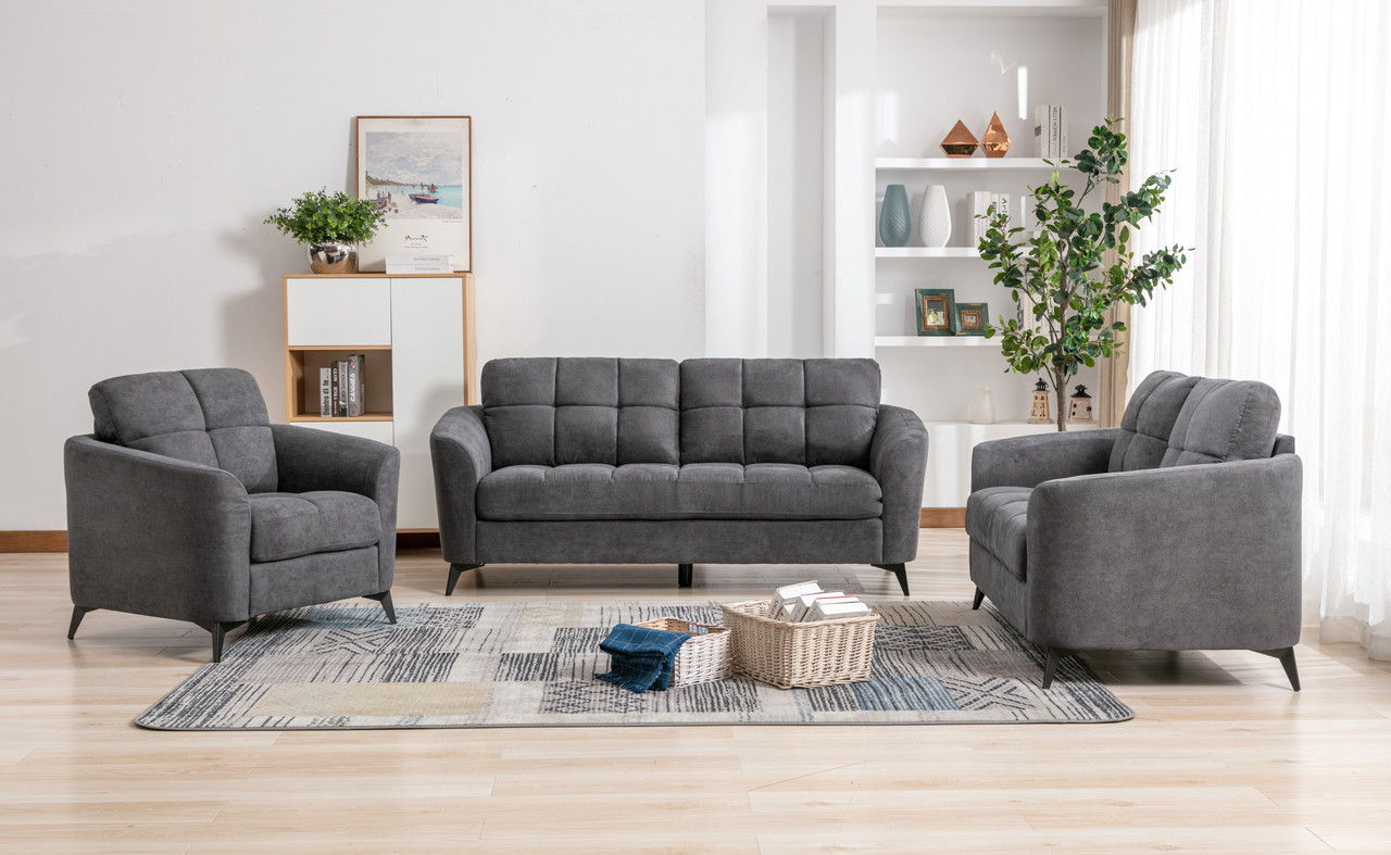 Callie Gray Woven Fabric Sofa Loveseat Chair Living Room Set