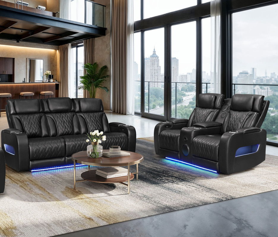 Jazz Black Leather Aire Transformer Power Reclining Sofa & Loveseat Living Room Set with Power Headrest, Bluetooth Speakers, LED Lights, Wireless Charging Drop-Down Table, USB & USB-C Ports, Storage & Cupholders