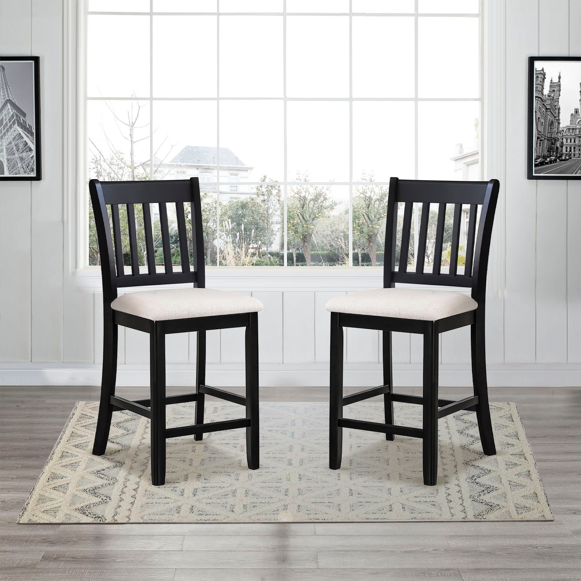 Transitional Rubberwood Dining Room Chairs (Set of 2) With Slatted Back - Black