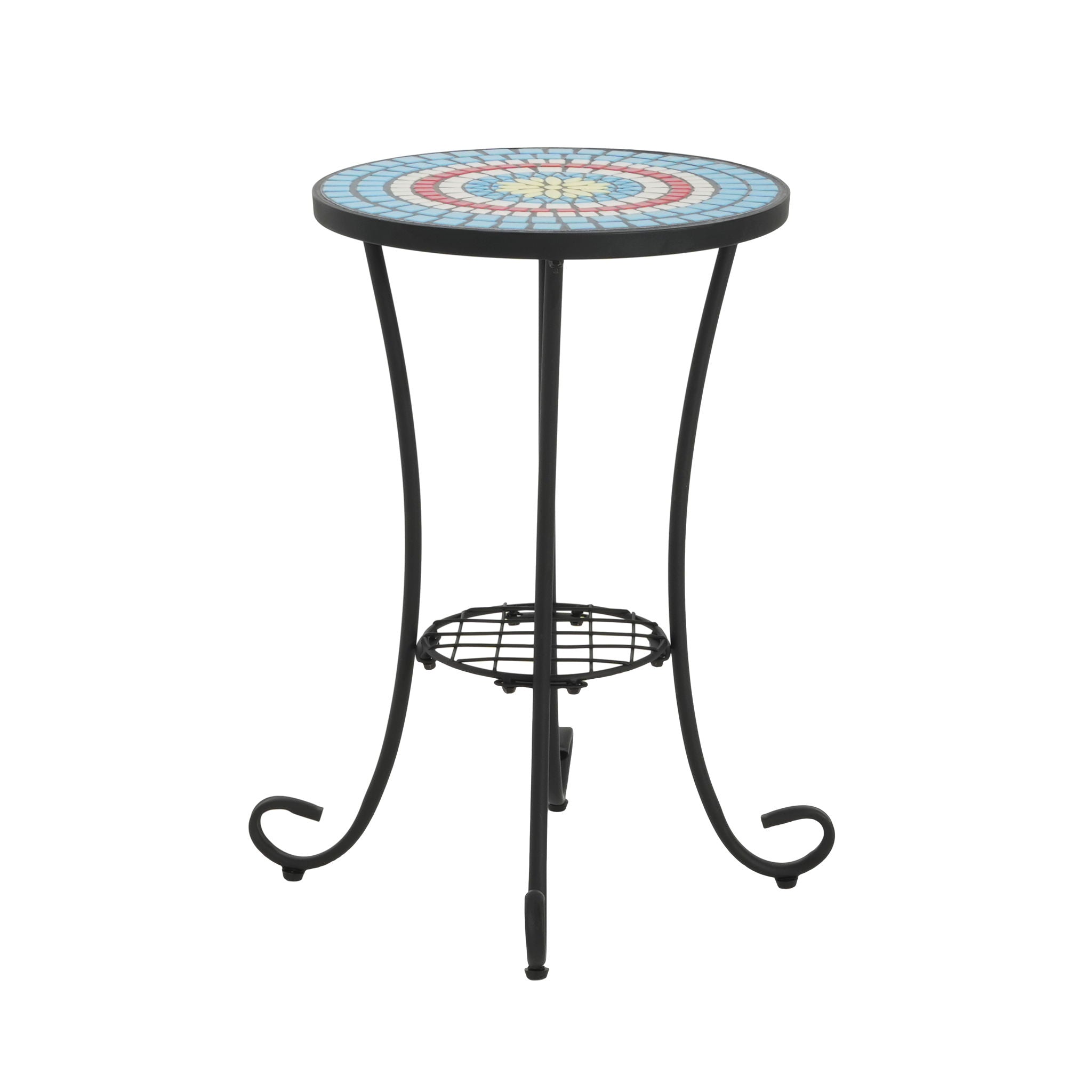 Ceramic Tile And Iron Patio Side Table With Shelf