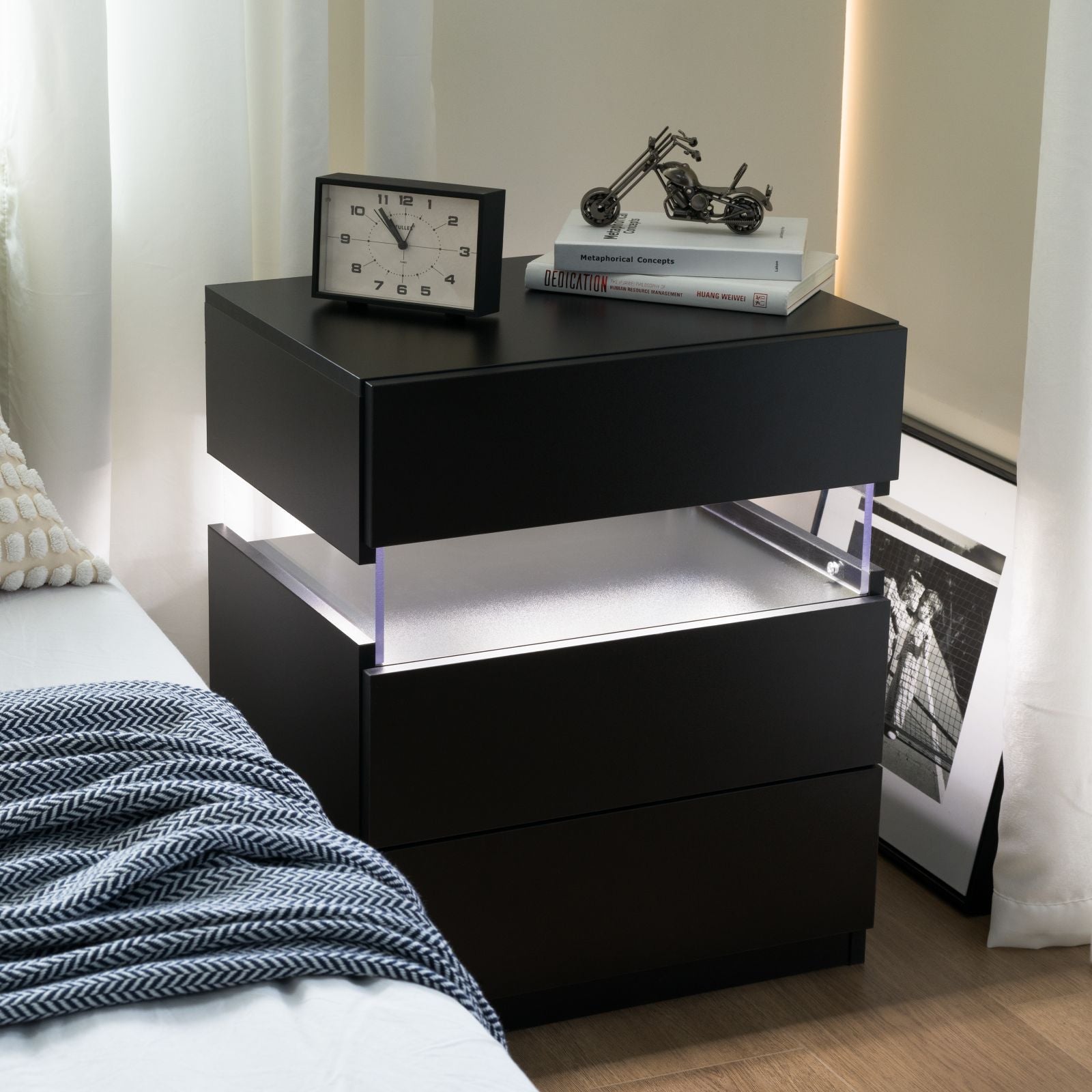 LED Nightstands, 3 Drawer For Bedroom