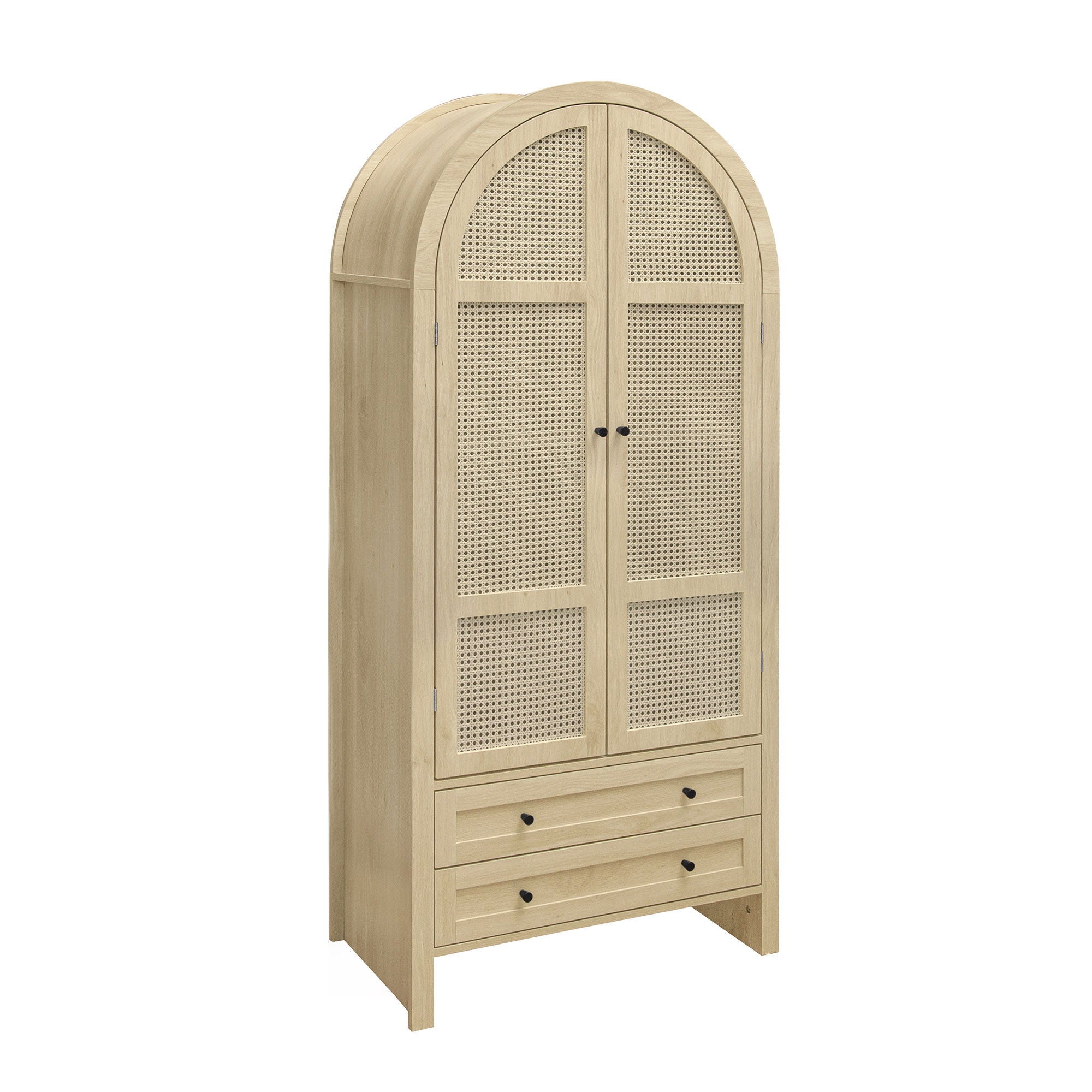 Tall Arched Kitchen Pantry, Arched Storage Display Cabinet With 2 Drawers & Adjustable Shelves, Rattan Door Versatile Storage Cabinet For Kitchen, Dining Room, Living Room - Natural