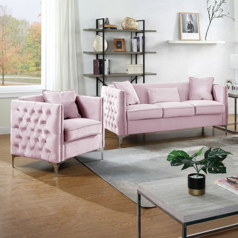 Bayberry Pink Velvet Sofa Loveseat Living Room Set