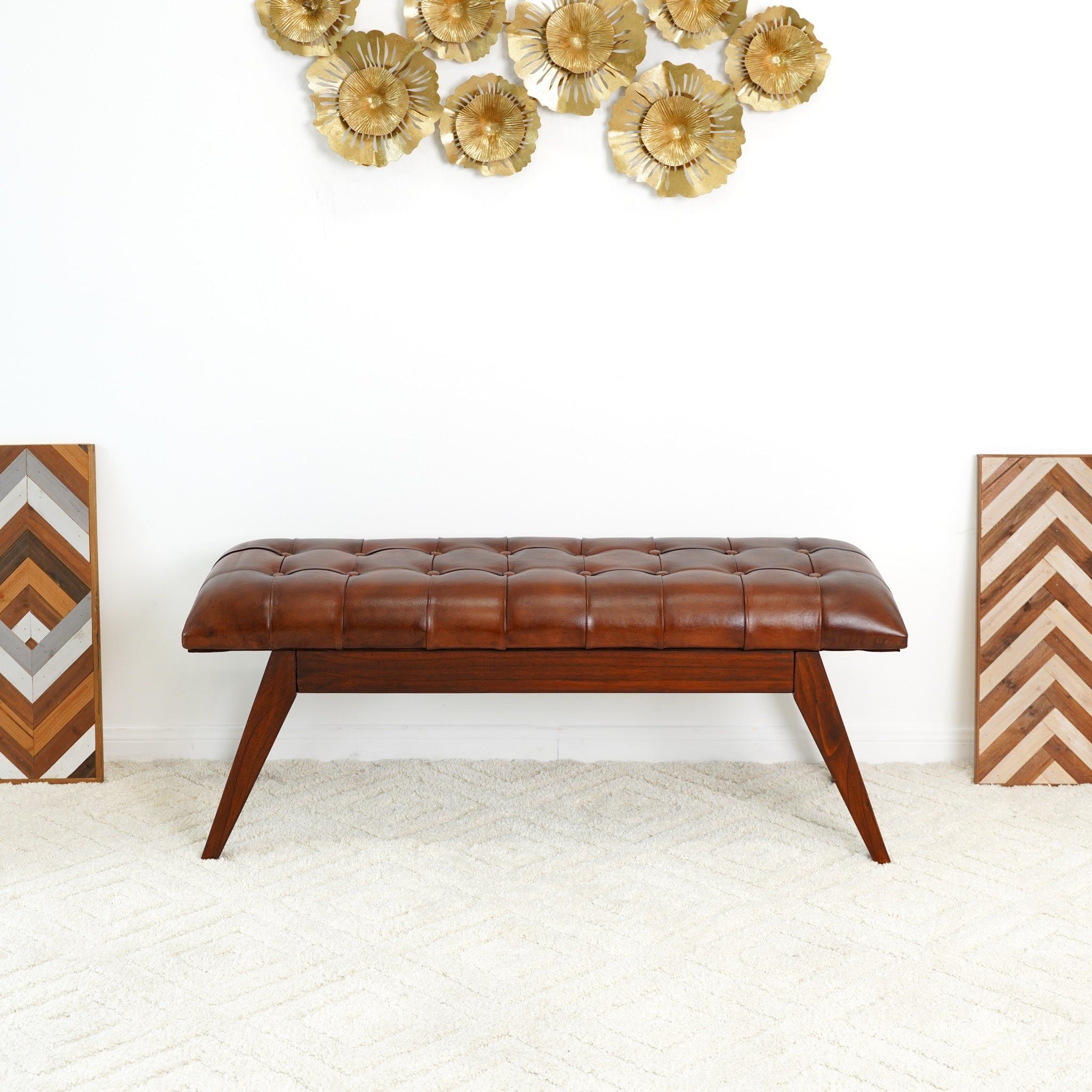 Maja - Mid-Century Modern Leather Bench - Cognac / Dark Brown