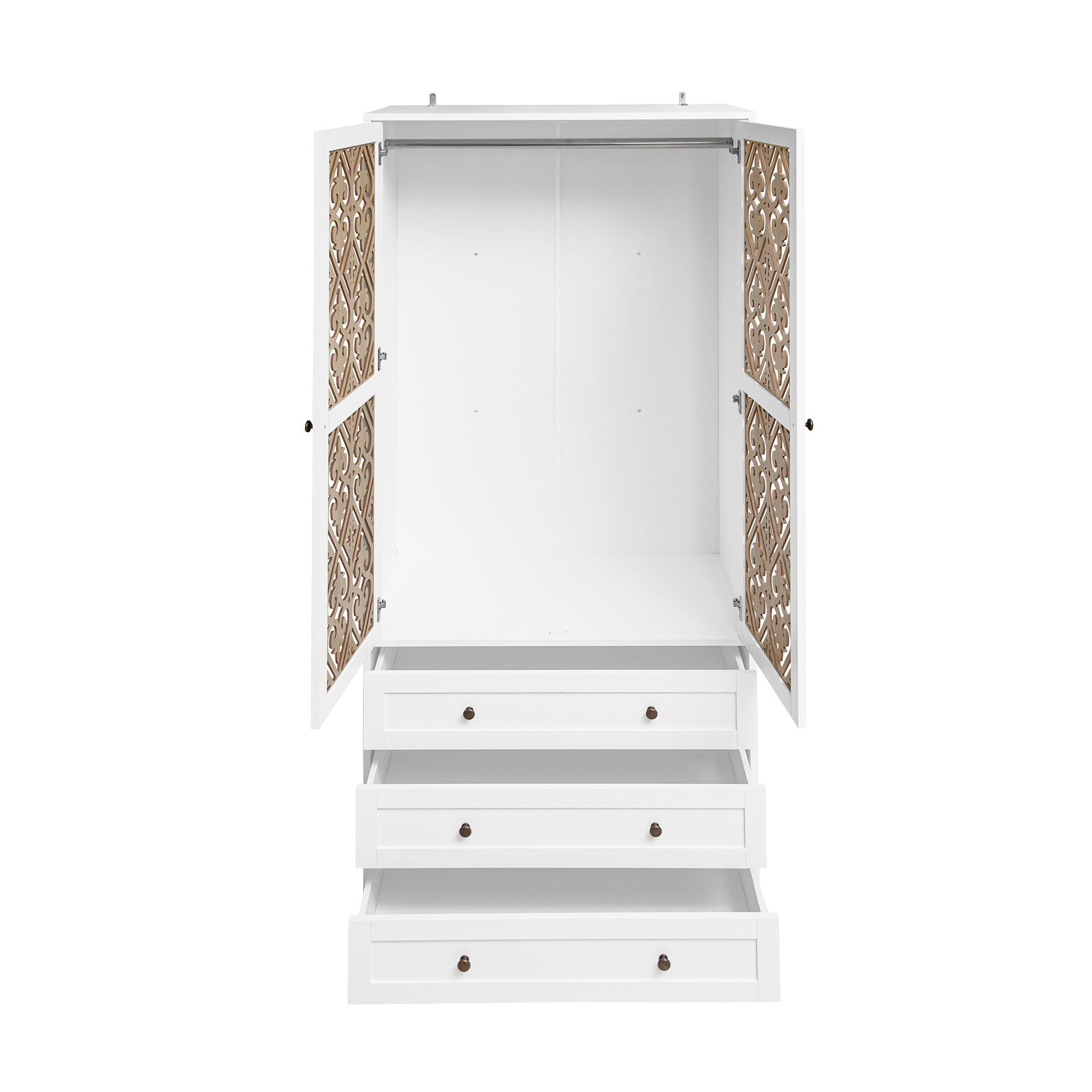 Hollow Pattern 2 Door 3 Drawer Wardrobe, The Collision Of Wood Color, Suitable For Bedrooms And Dressing Rooms - White