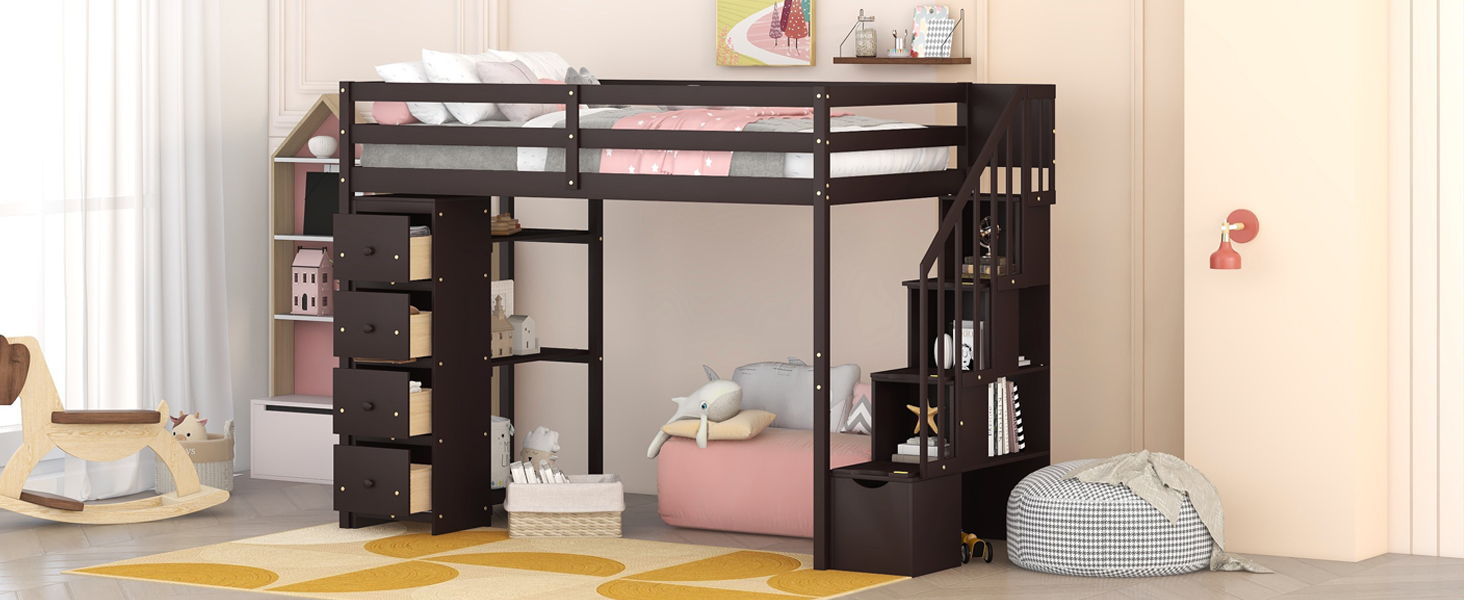 Loft Bed With Storage Drawers And Stairs With Shelves
