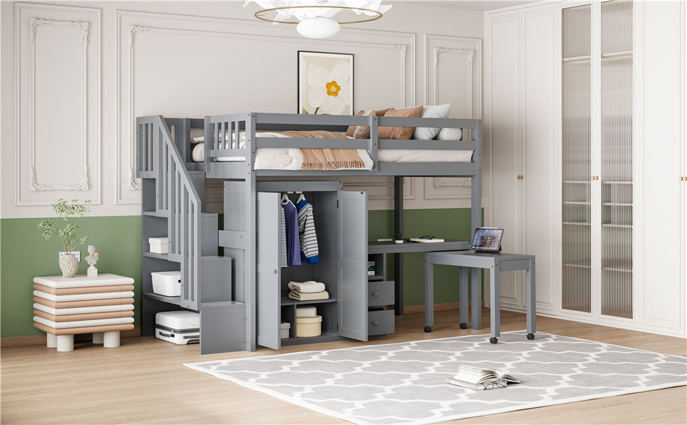 Loft Bed With Stairs, Bookshelf, Drawers, Desk & Wardrobe, Space Saving Multifunctional Furniture