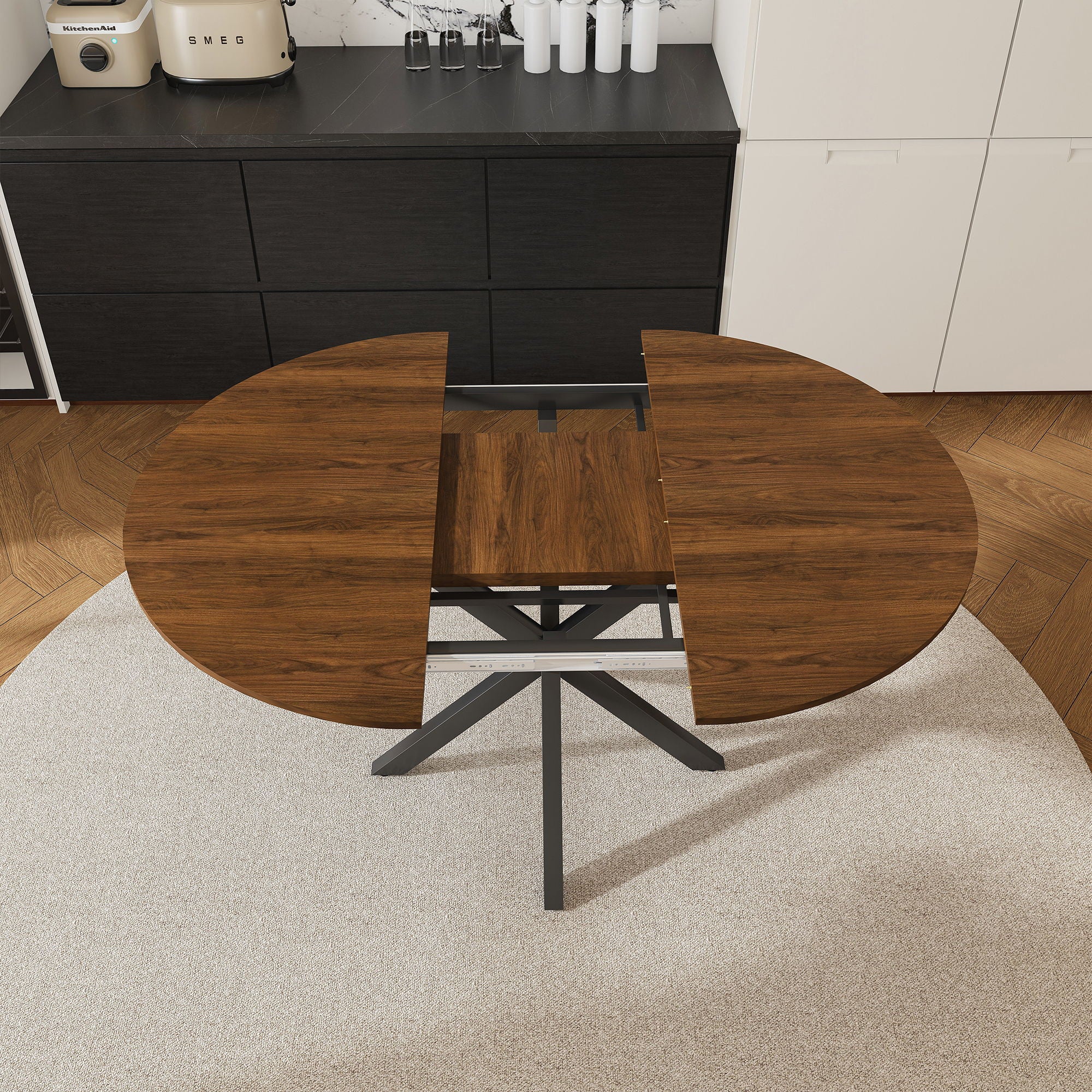 Round Dining Table With Extendable Blades, X Base