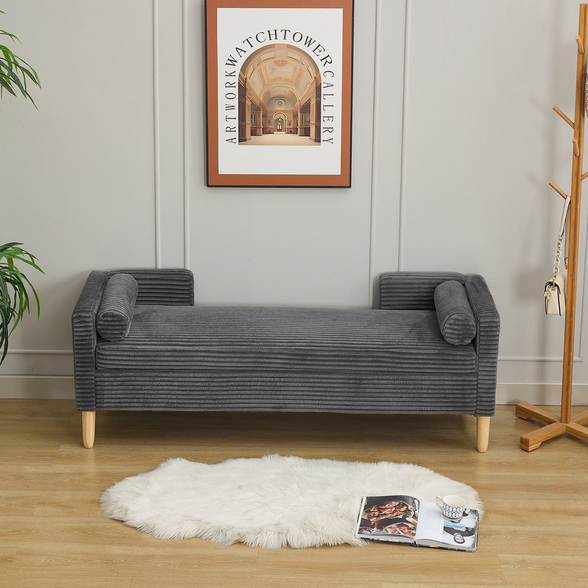 Wide Corduroy Storage Soft Bench With Armrests, Backrest And Two Bolster Pillows