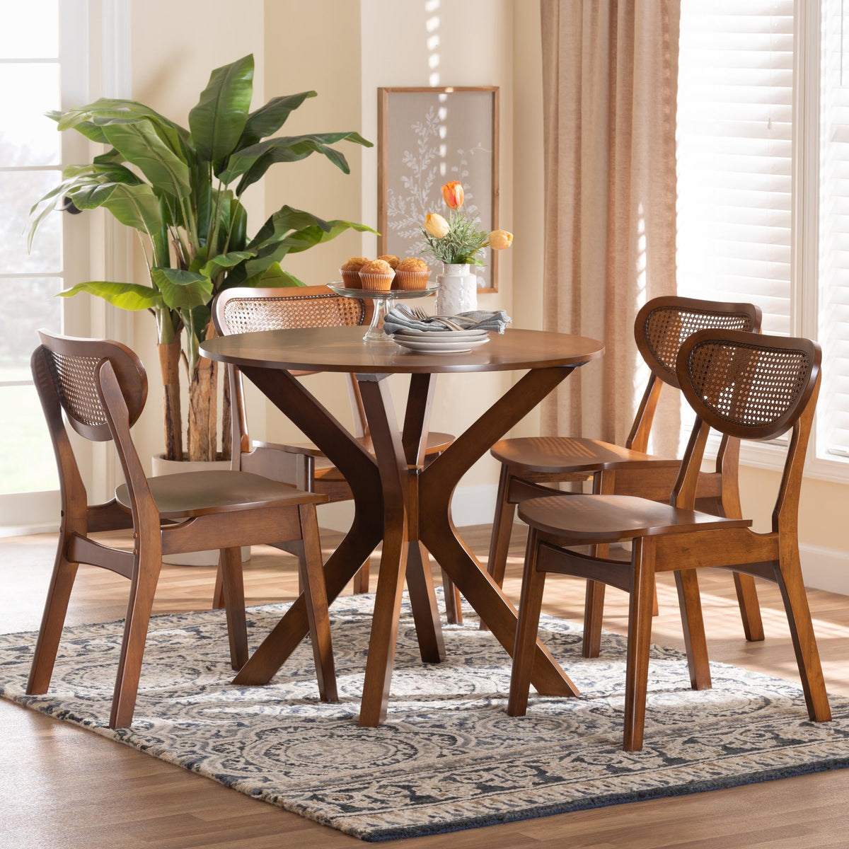 Giuliana Mid-Century Modern Walnut Brown Finished Wood and Woven Rattan 5-Piece Dining Set